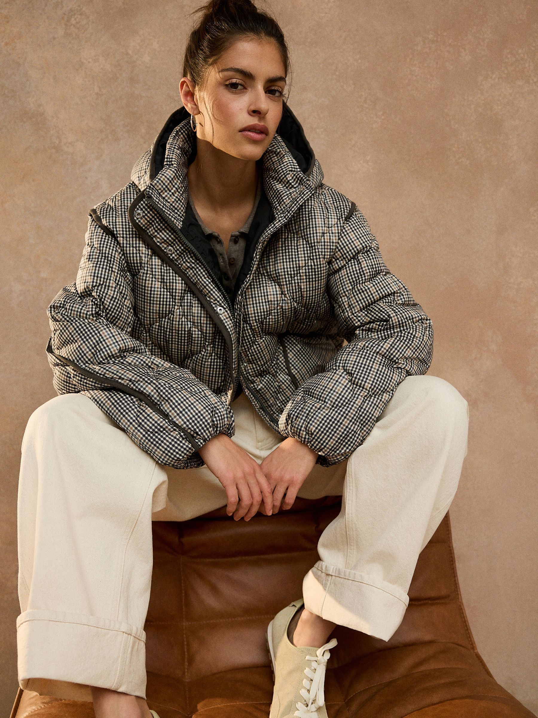 Shower Resistant Lightweight Quilted Jacket - Brown/Blue Check - Regular - Location Worn