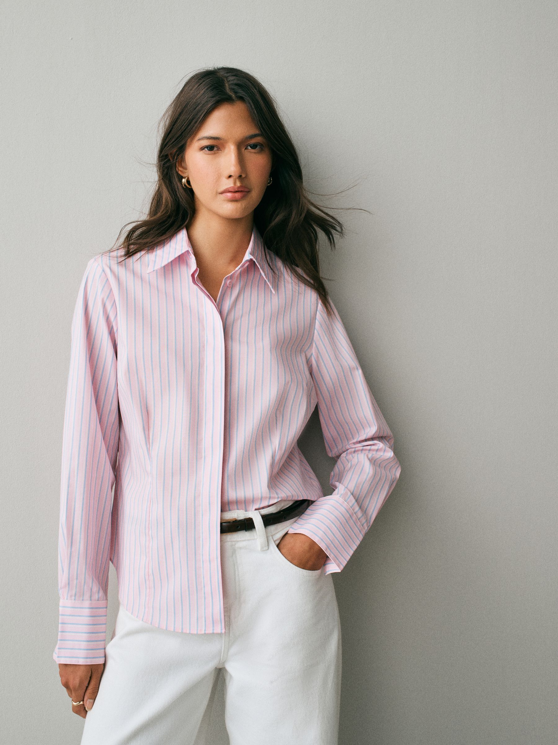 Fitted Stretch Essential Long Sleeve Shirt - Pink/Blue Stripe - Regular - SIP Worn