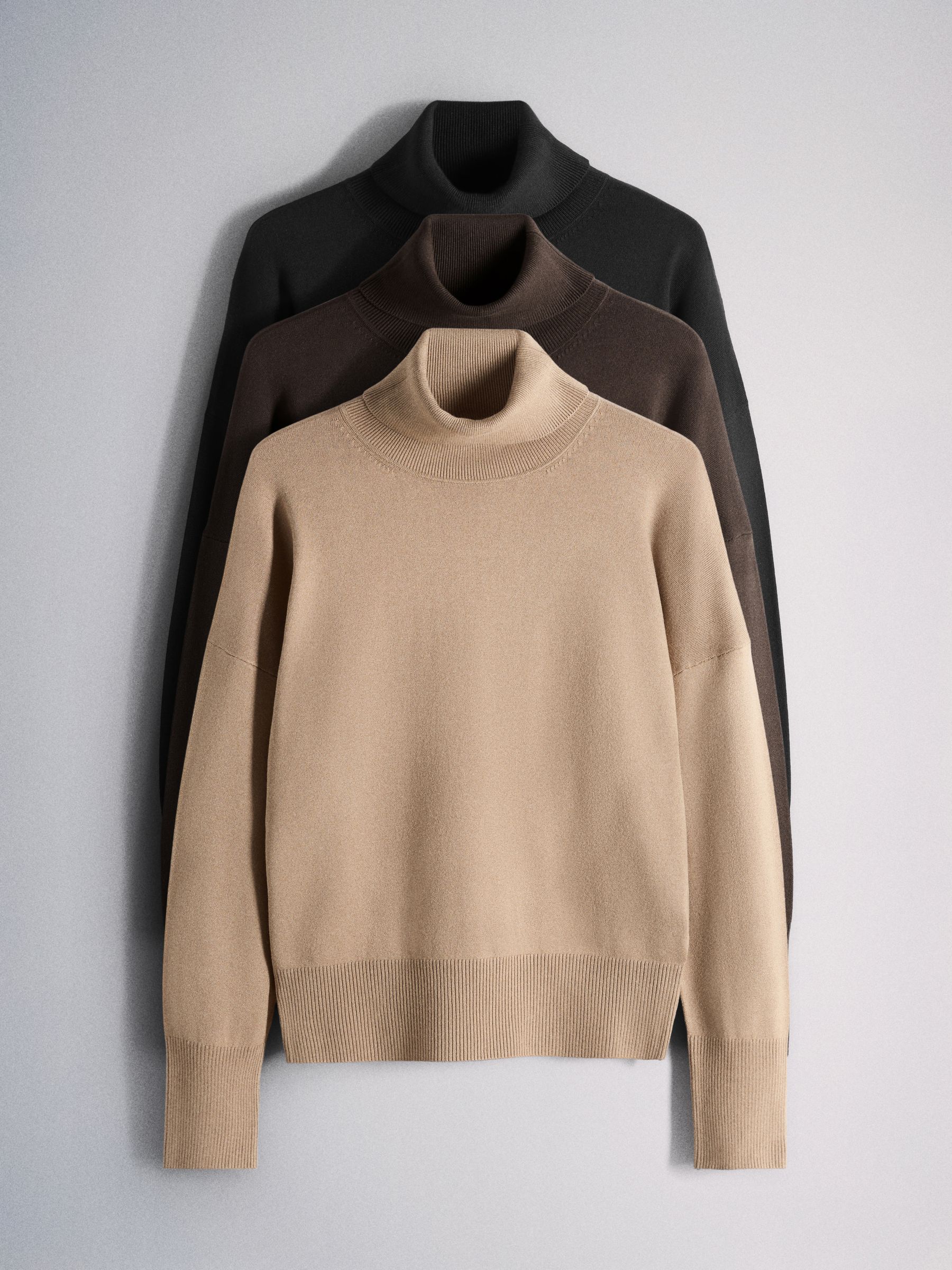 The Set 3 Pack Fine Knit Roll Neck Jumpers - Black/Chocolate Brown/Taupe Brown - Regular - SIP Still Life