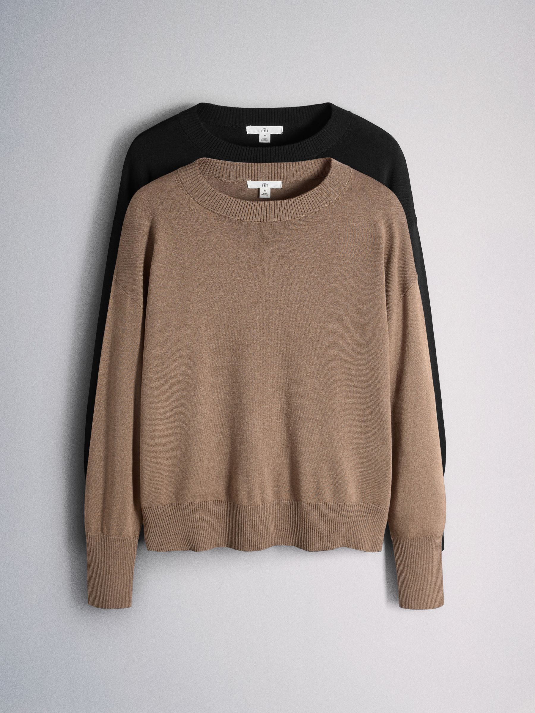 The Set 2 Pack Fine Knitted Crew Neck Jumpers - Cinder Brown/Black - Regular - SIP Still Life