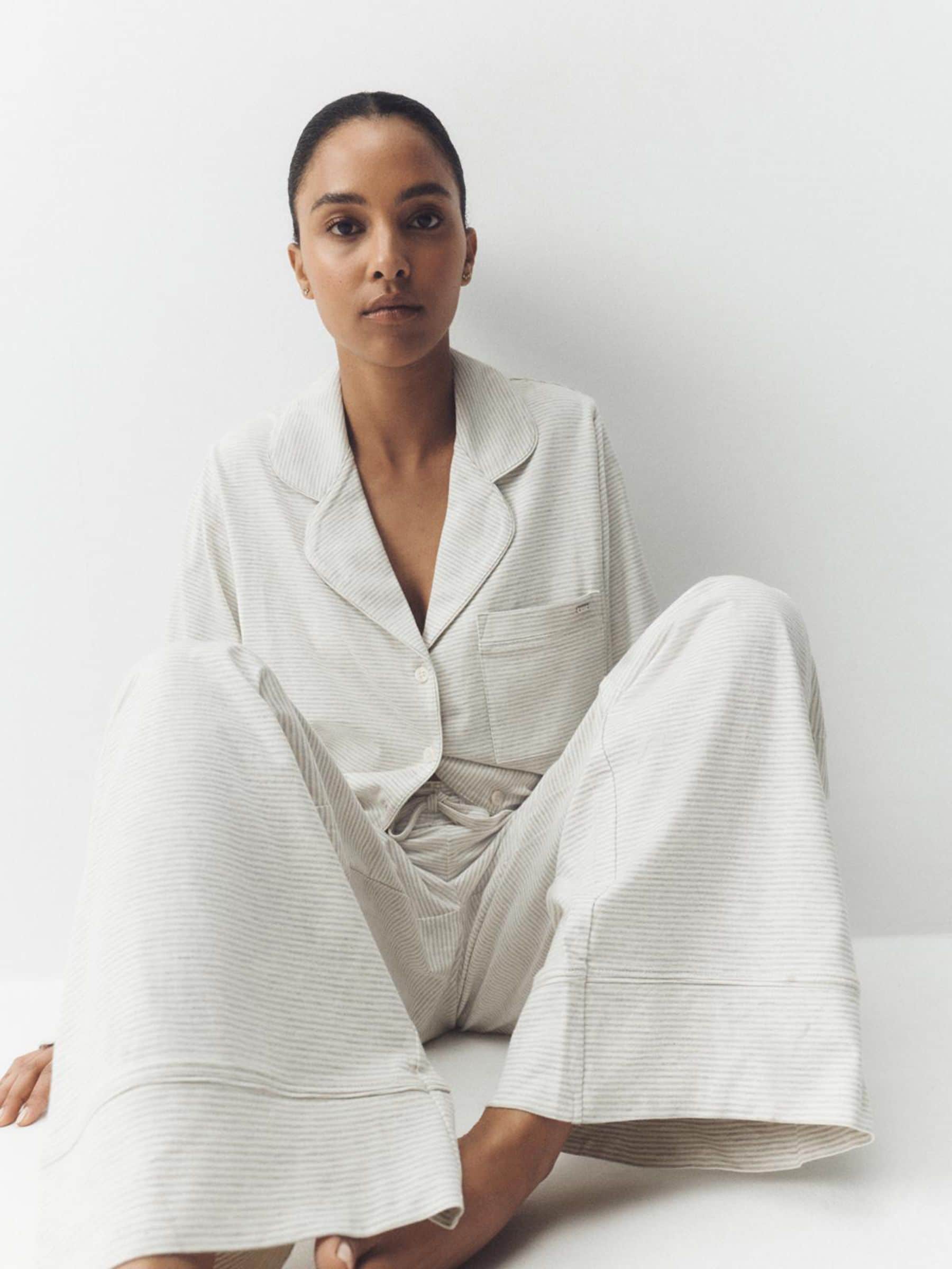 Jersey Button Through Pyjamas - Grey Stripe - Regular - Location Worn