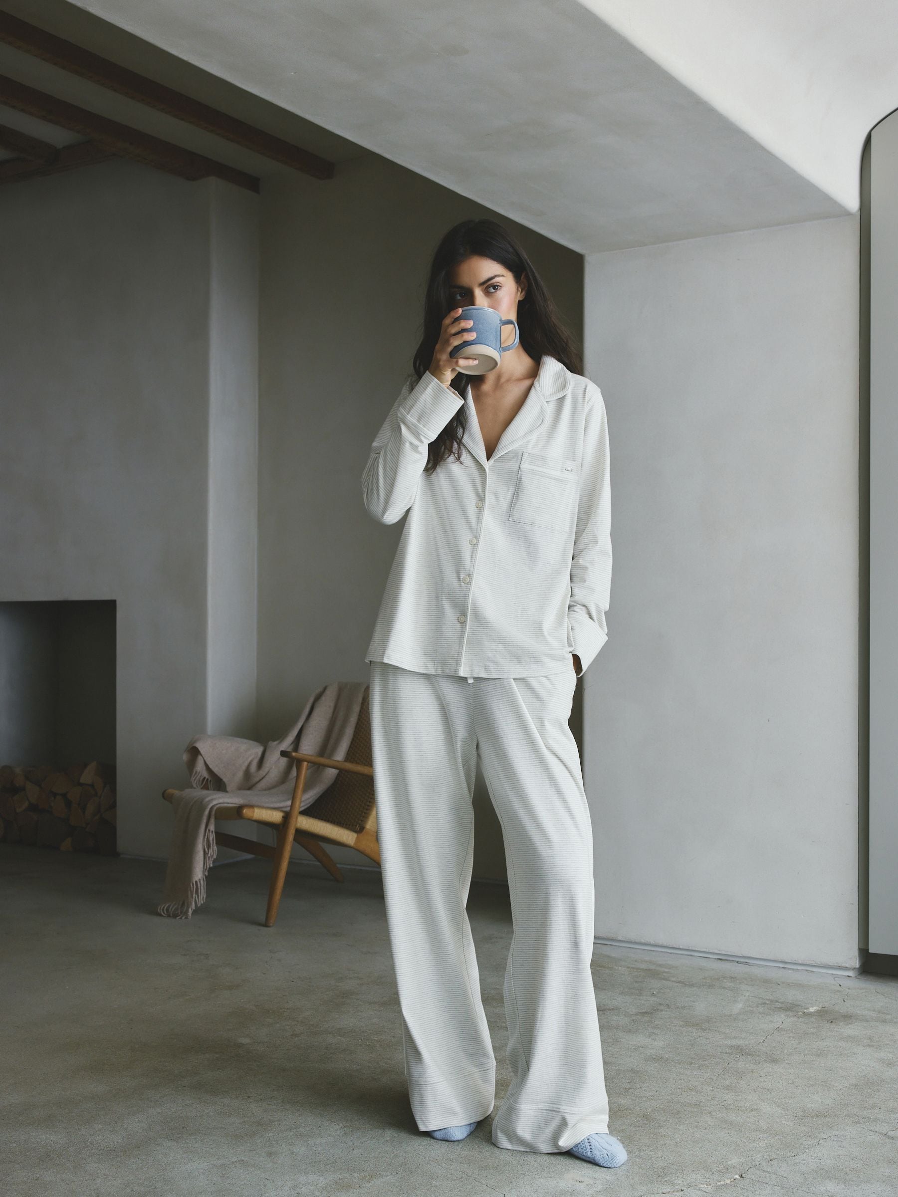 Jersey Button Through Pyjamas - Grey Stripe - Regular - Location Worn