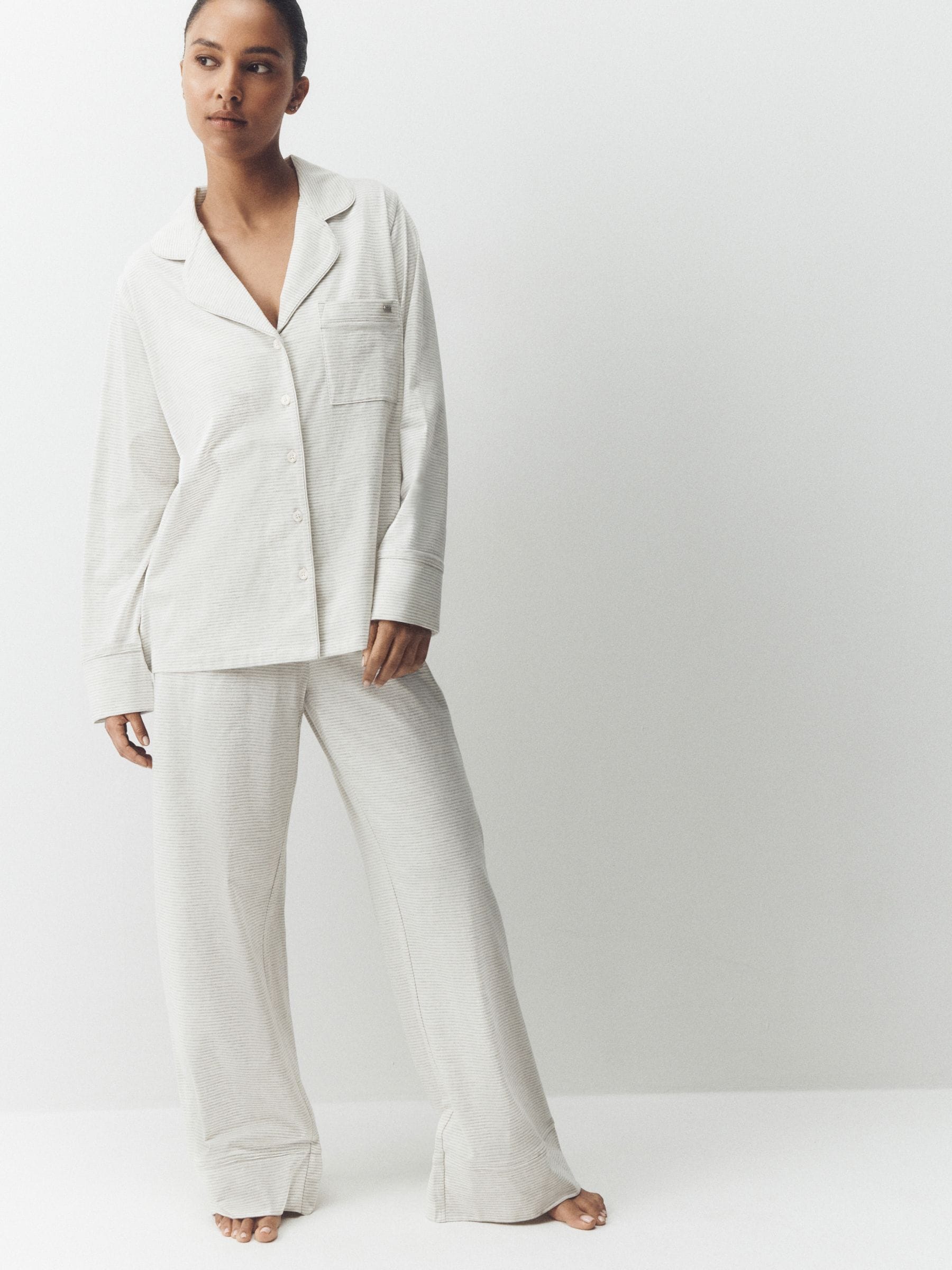 Jersey Button Through Pyjamas - Grey Stripe - Regular - Location Worn