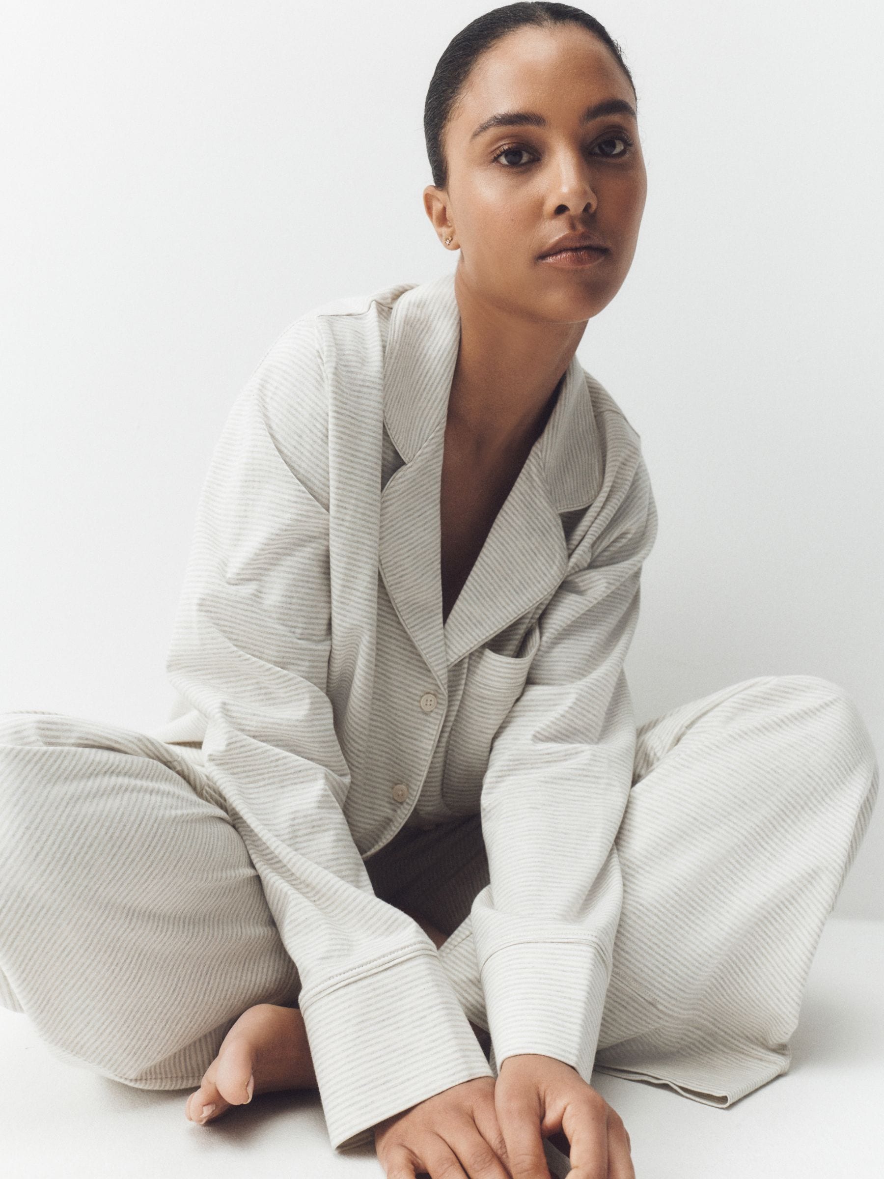 Jersey Button Through Pyjamas - Grey Stripe - Regular - Location Worn