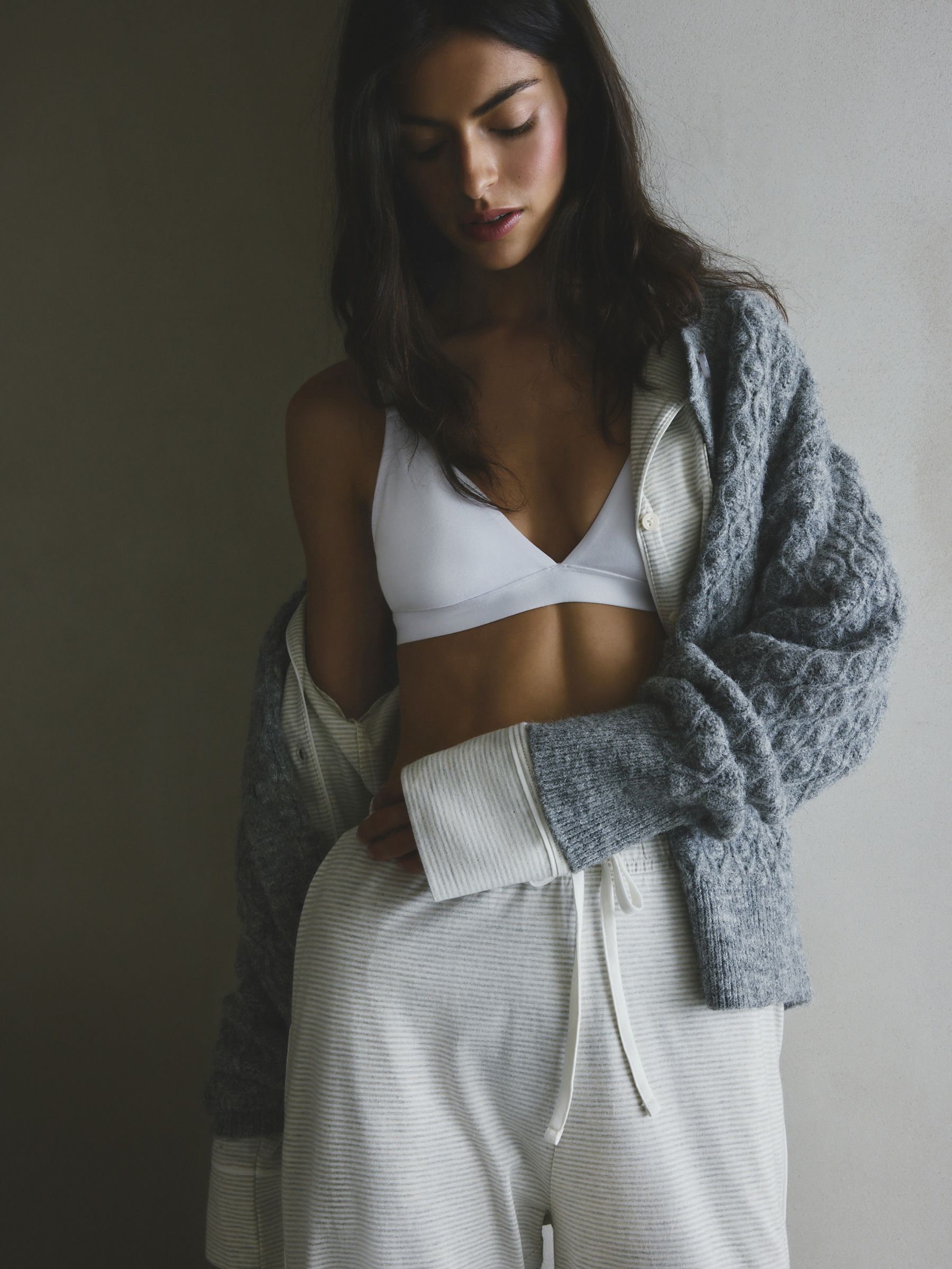 Jersey Button Through Pyjamas - Grey Stripe - Regular - Location Worn