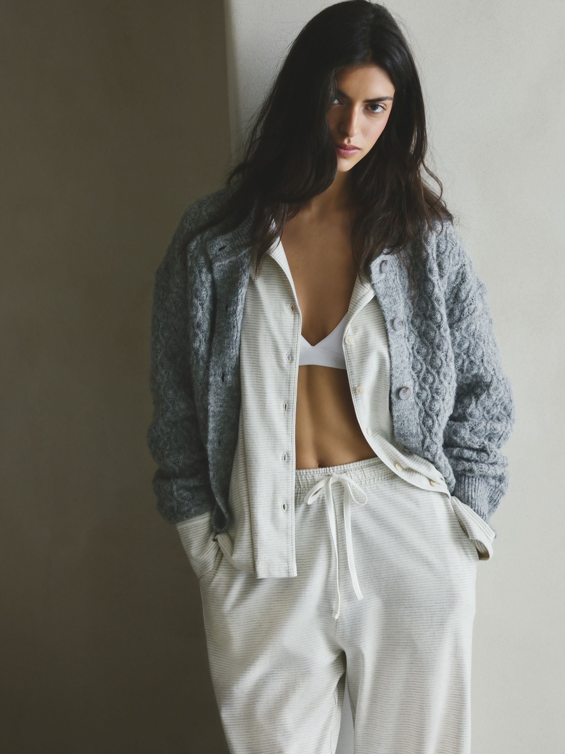 Jersey Button Through Pyjamas - Grey Stripe - Regular - Location Worn