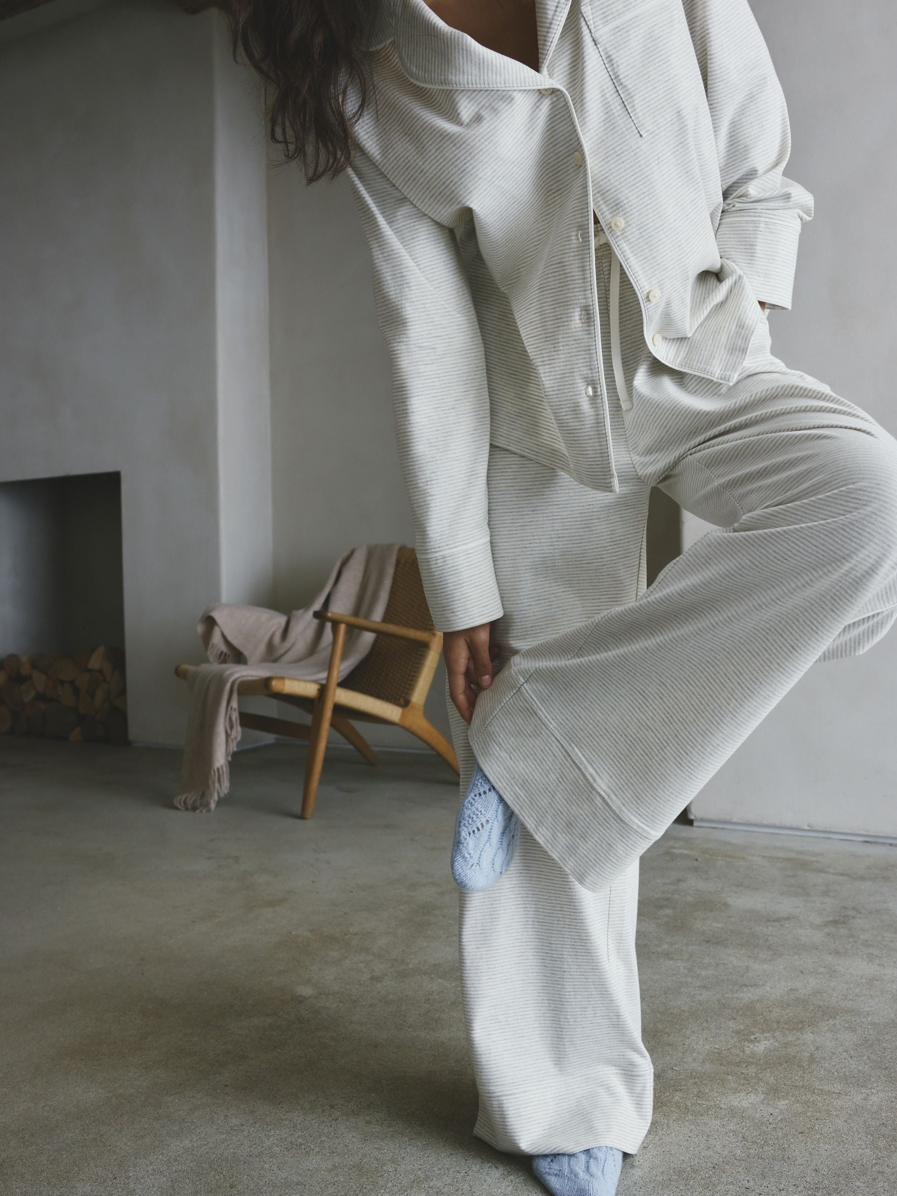 Jersey Button Through Pyjamas - Grey Stripe - Regular - Location Worn