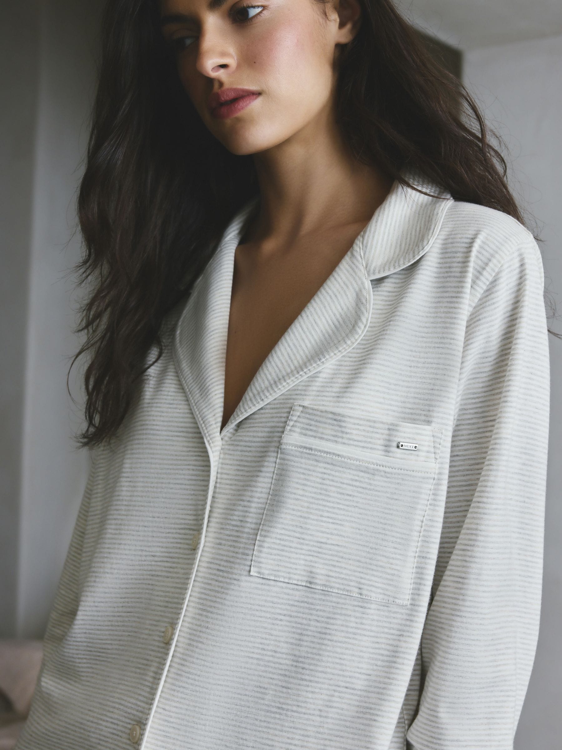 Jersey Button Through Pyjamas - Grey Stripe - Regular - Location Worn