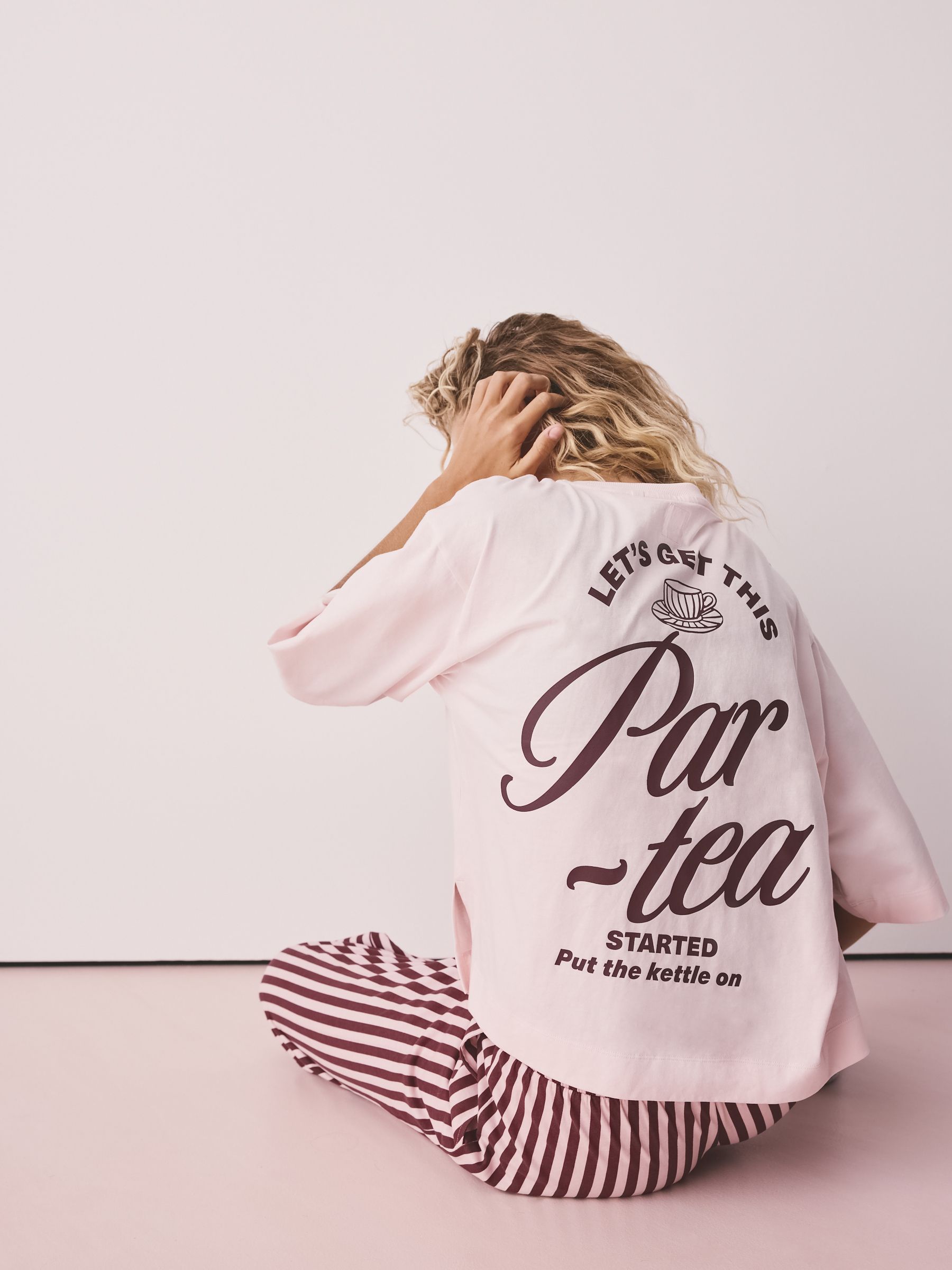 Graphic Short Sleeve Pyjamas - Pink Stripe Tea - Regular - Location Worn