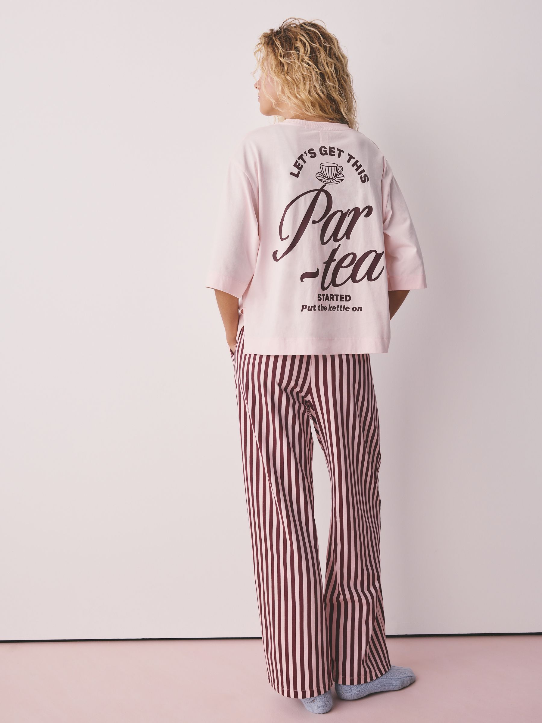Graphic Short Sleeve Pyjamas - Pink Stripe Tea - Regular - Location Worn