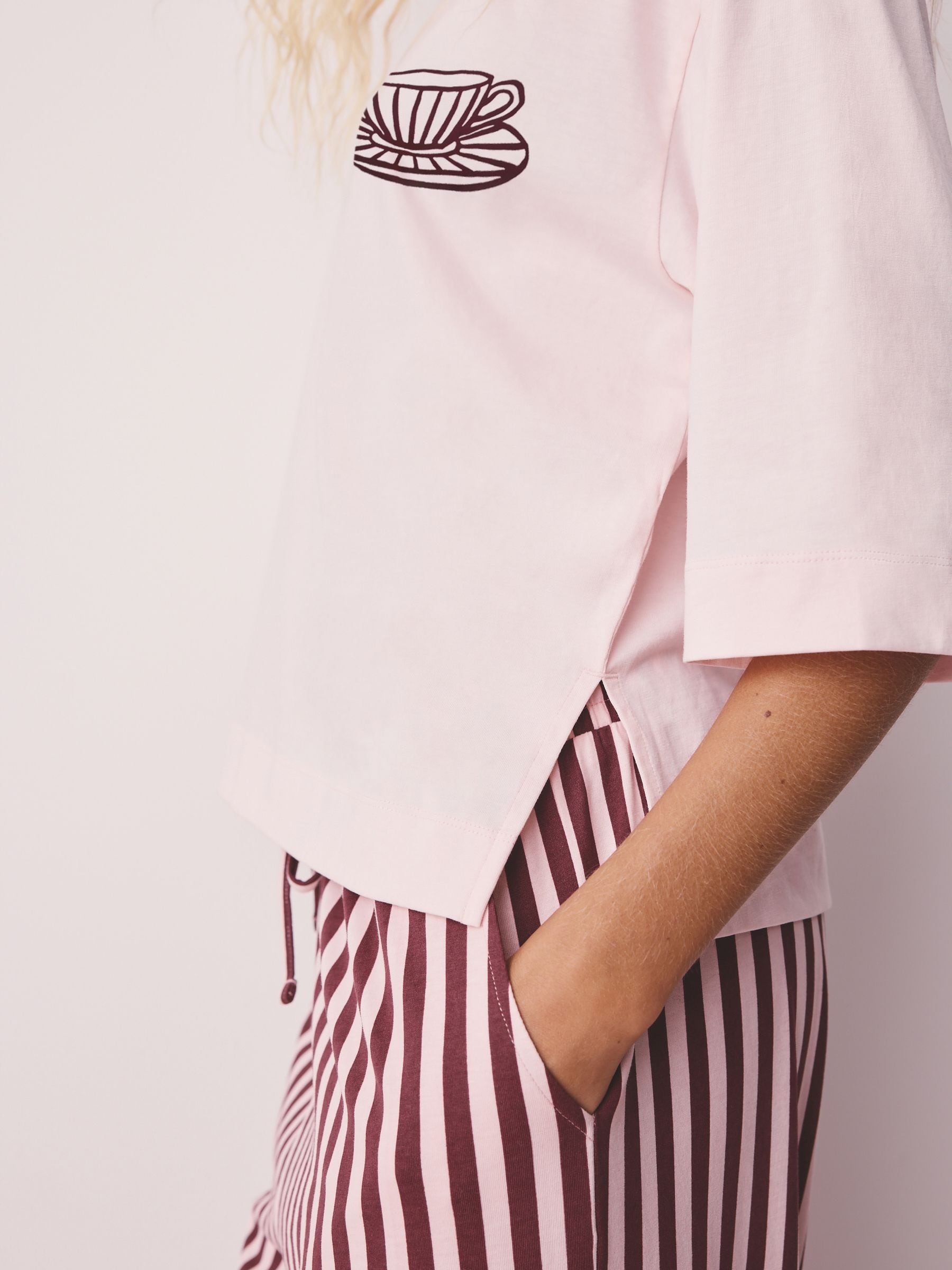 Graphic Short Sleeve Pyjamas - Pink Stripe Tea - Regular - Location Worn