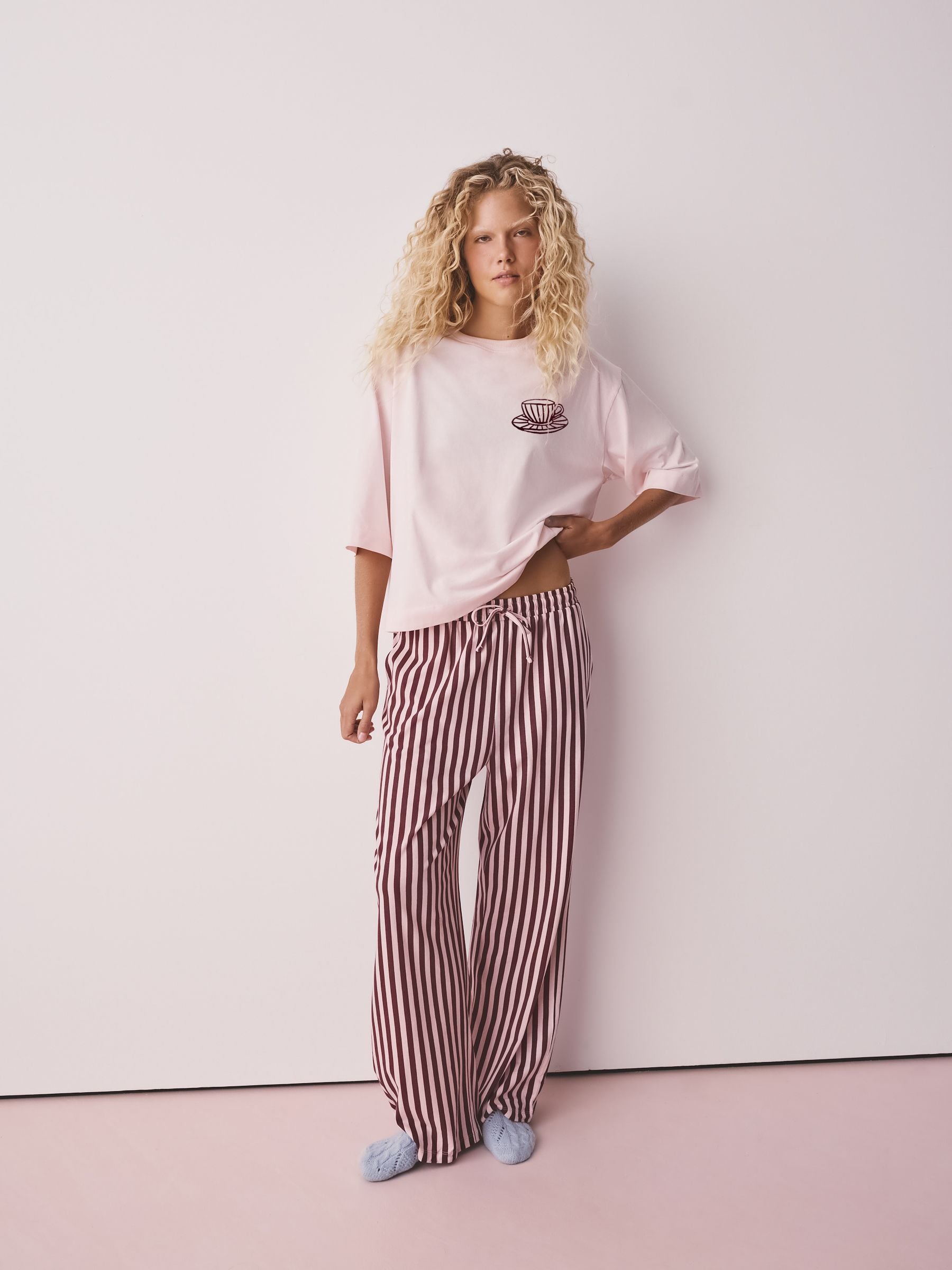 Graphic Short Sleeve Pyjamas - Pink Stripe Tea - Regular - Location Worn