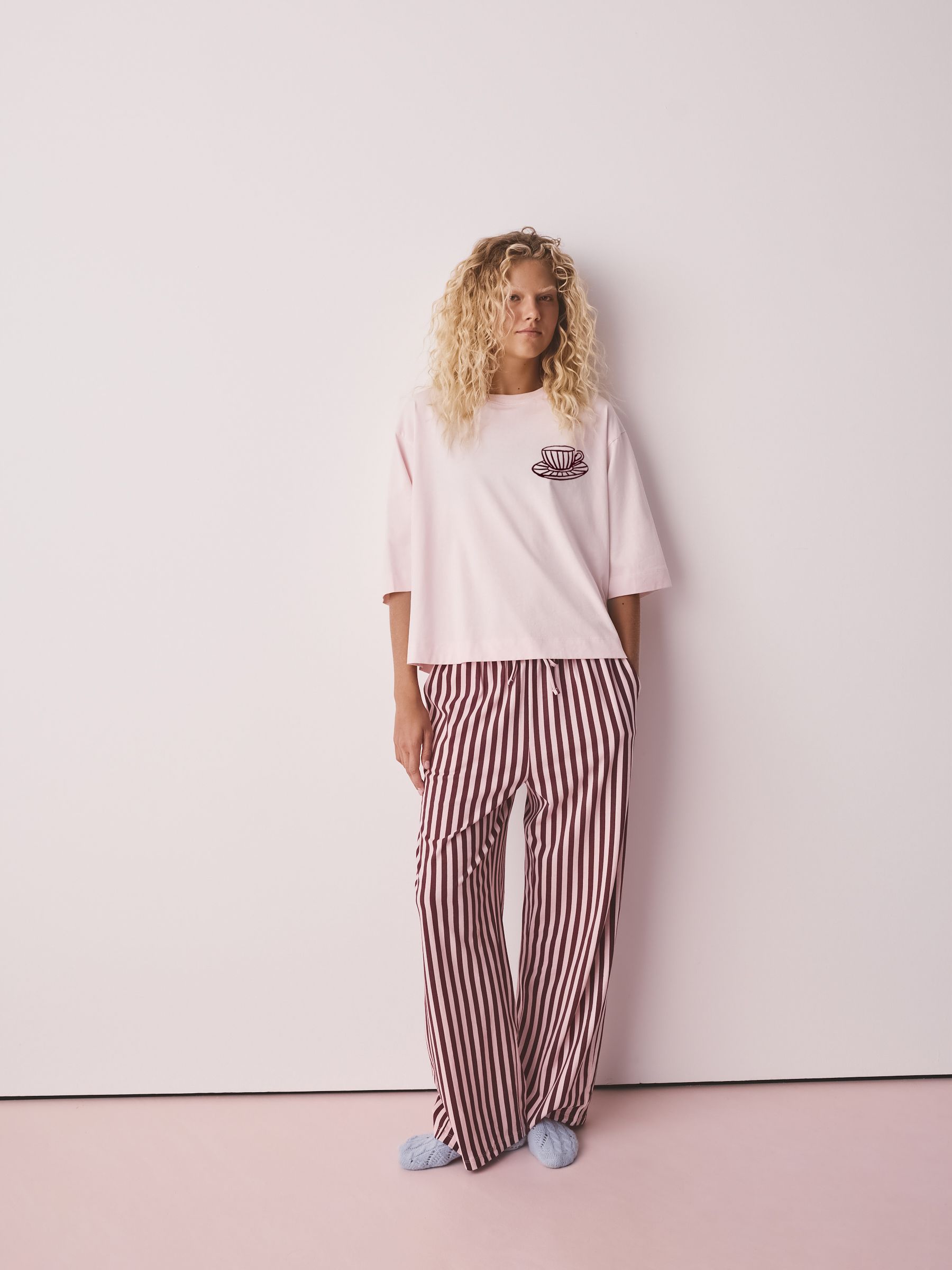 Graphic Short Sleeve Pyjamas - Pink Stripe Tea - Regular - Location Worn