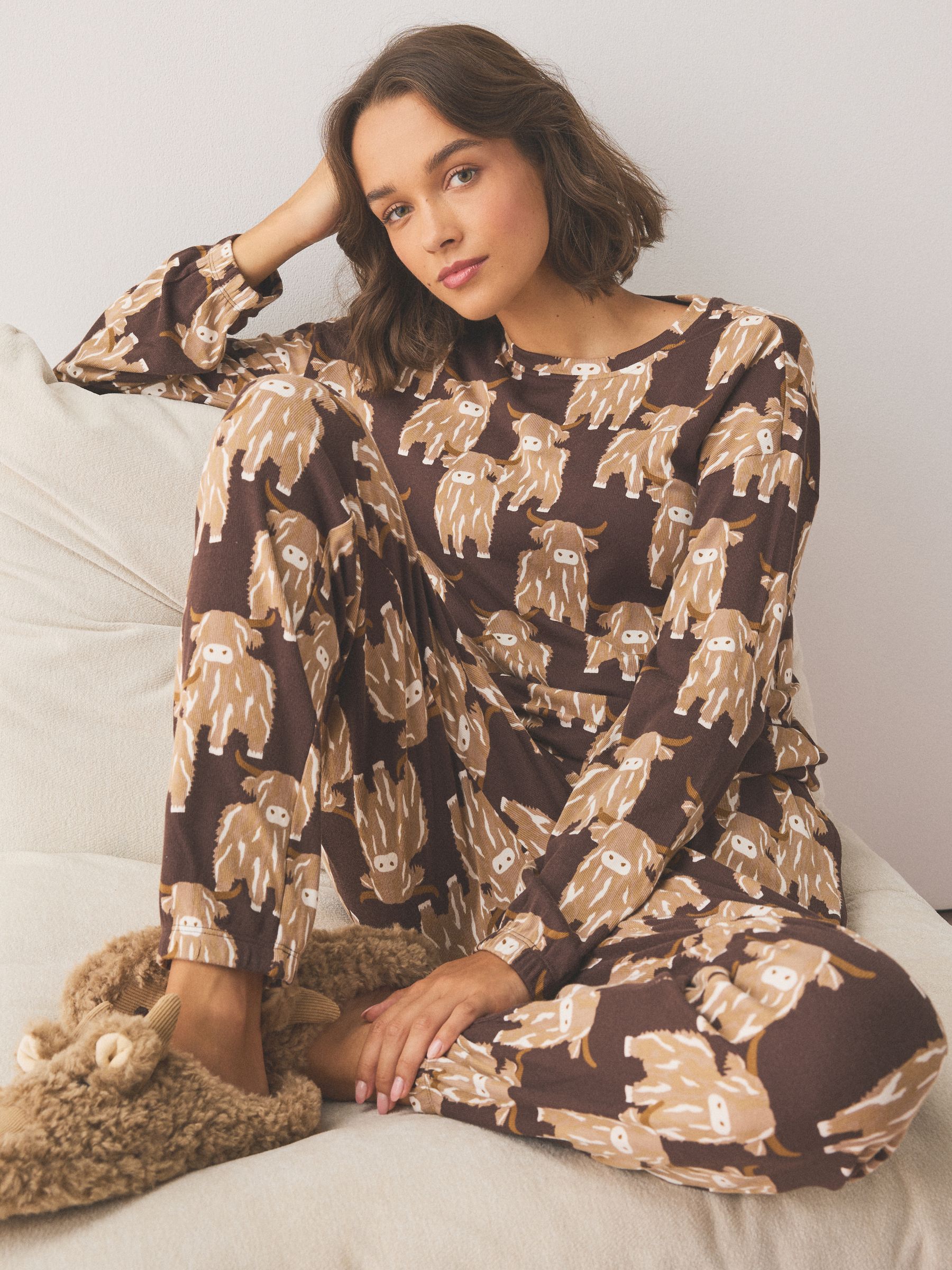 Cosy Long Sleeve Pyjamas - Chocolate Brown Hamish The Highland Cow - Regular - SIP Worn