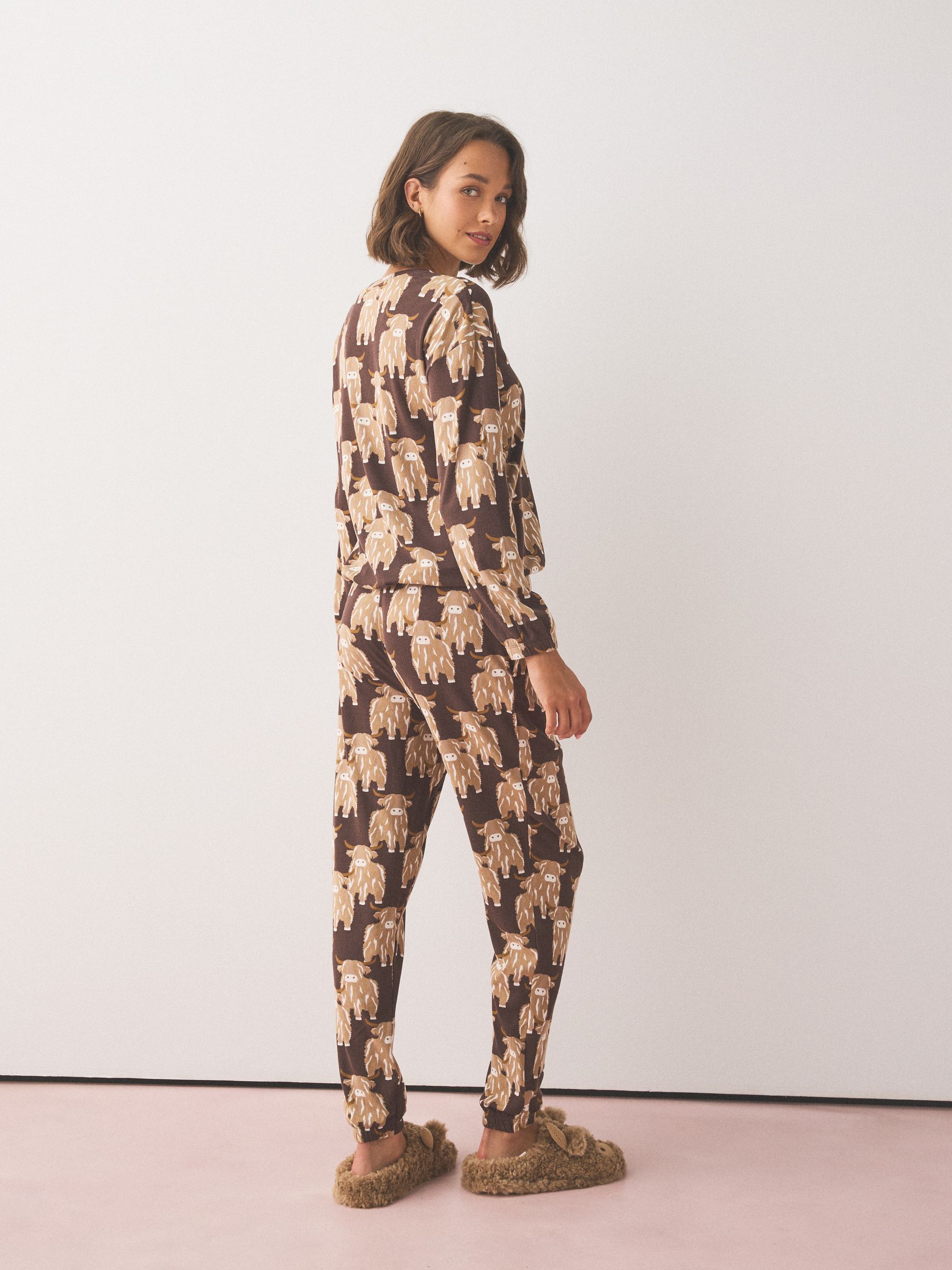 Cosy Long Sleeve Pyjamas - Chocolate Brown Hamish The Highland Cow - Regular - SIP Worn
