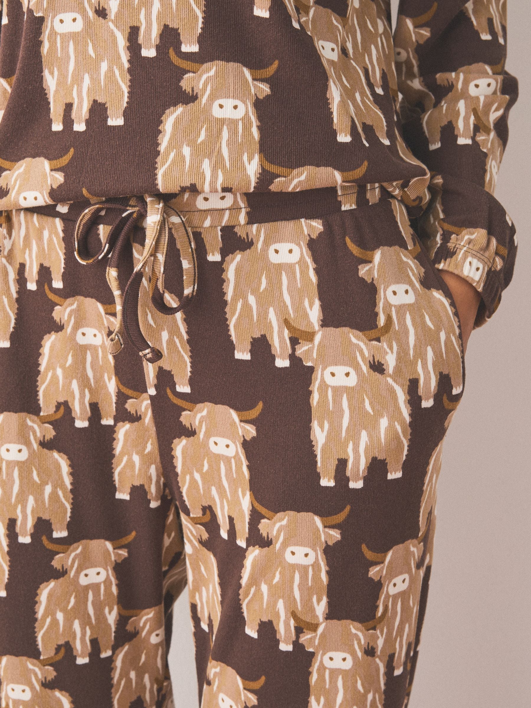 Cosy Long Sleeve Pyjamas - Chocolate Brown Hamish The Highland Cow - Regular - SIP Worn