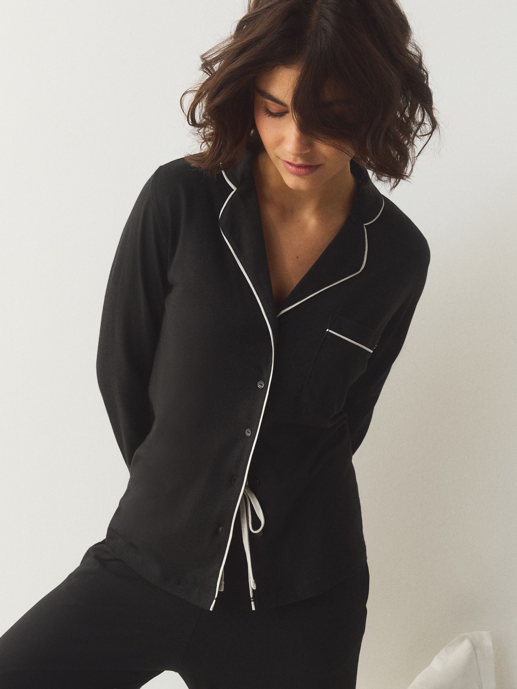 Jersey Button Through Pyjamas - Black - Regular - SIP Worn