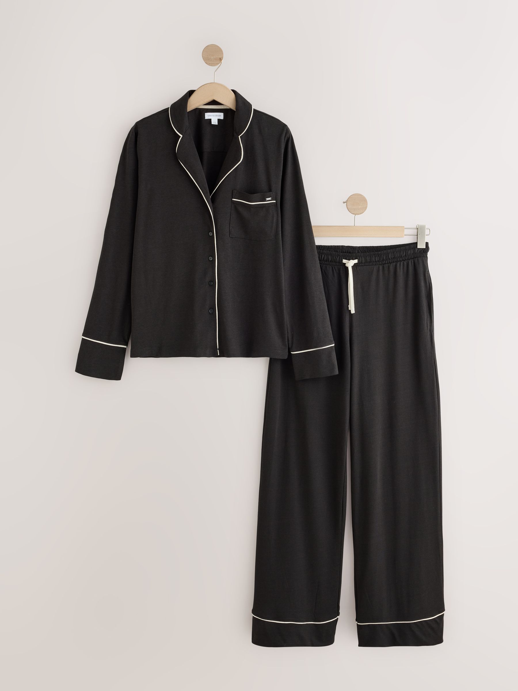 Jersey Button Through Pyjamas - Black - Regular - SIP Still Life