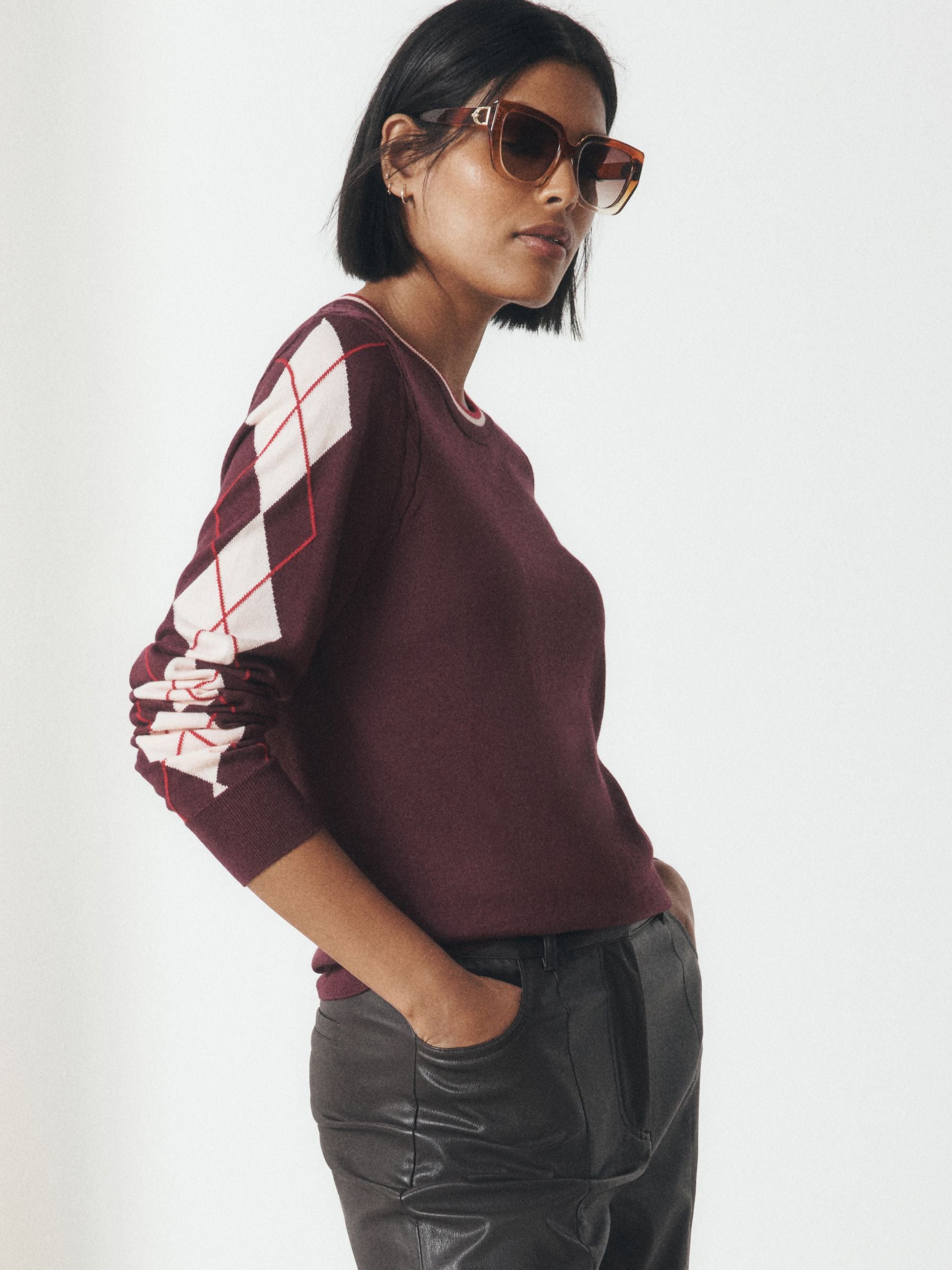 Cotton Rich Soft Touch Long Sleeve Crew Neck Jumper - Berry Red Argyle - Petite - Location Worn