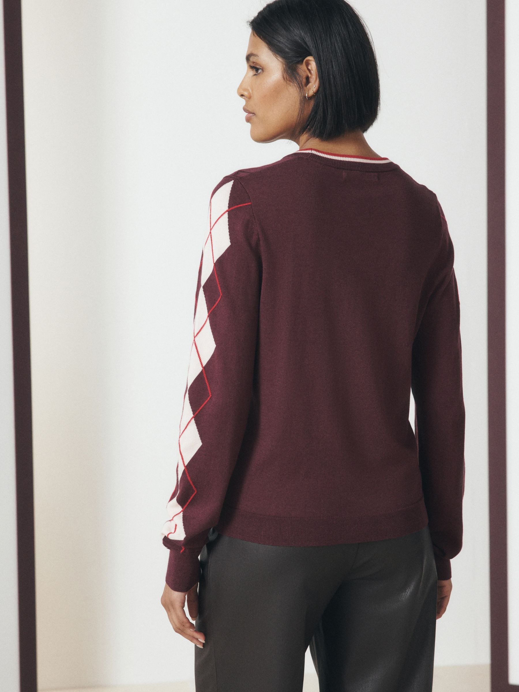 Cotton Rich Soft Touch Long Sleeve Crew Neck Jumper - Berry Red Argyle - Petite - Location Worn