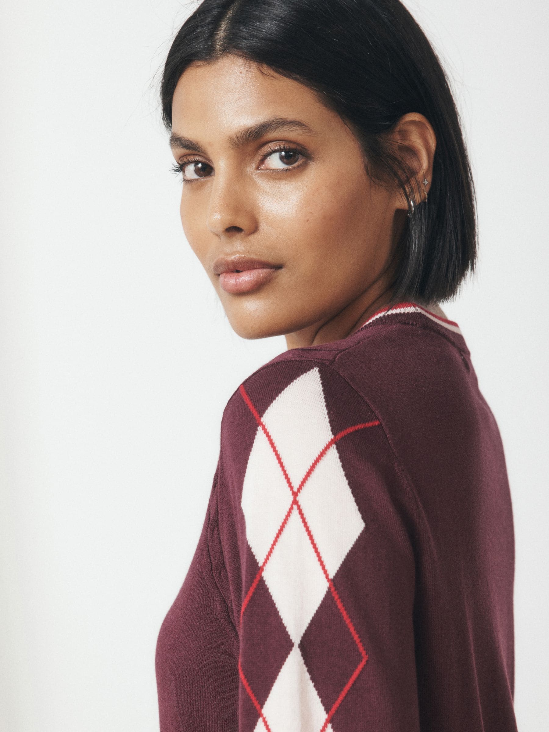 Cotton Rich Soft Touch Long Sleeve Crew Neck Jumper - Berry Red Argyle - Petite - Location Worn