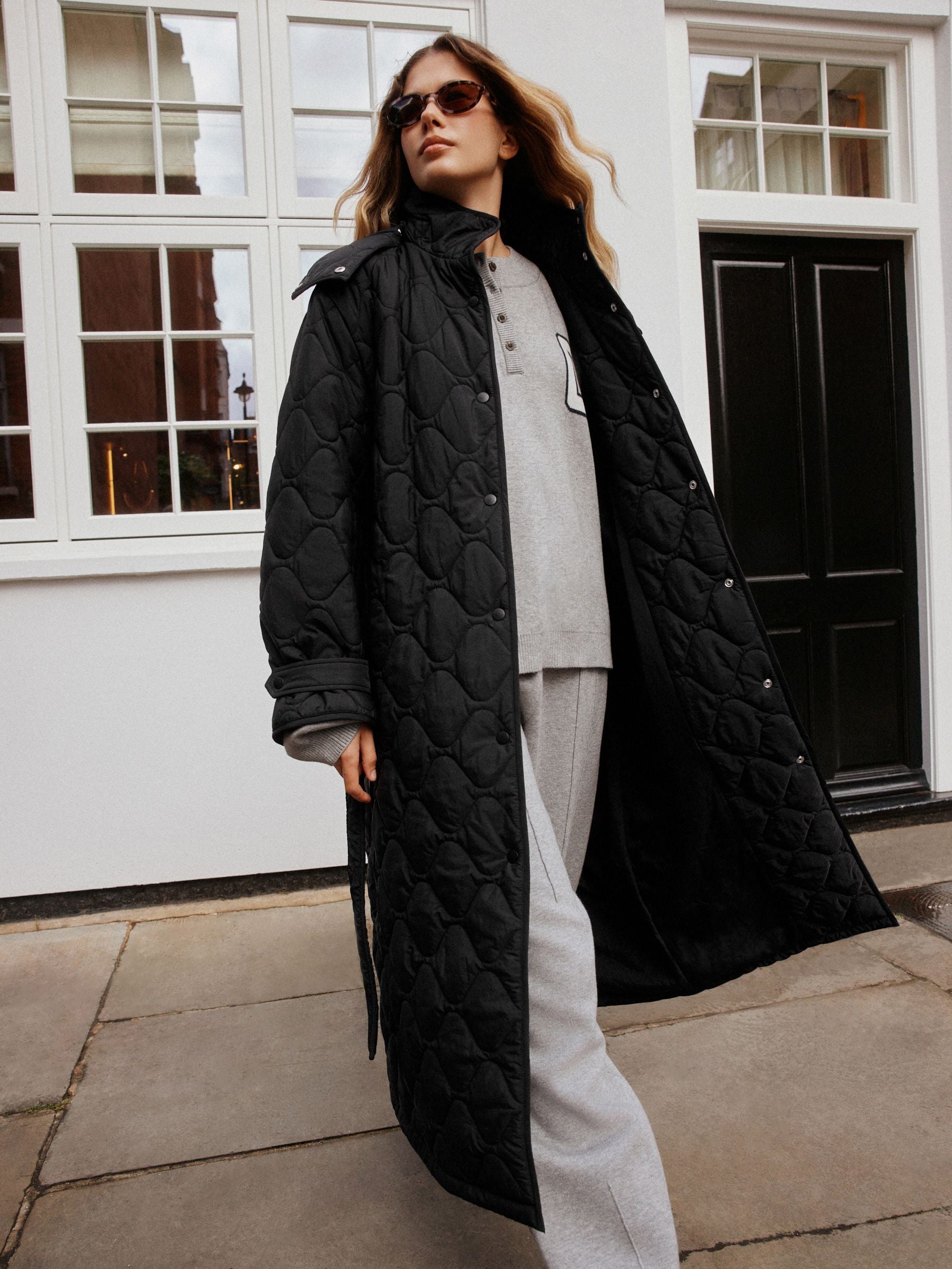 Long Quilted Shower Resistant Jacket - Black - Regular - Location Worn