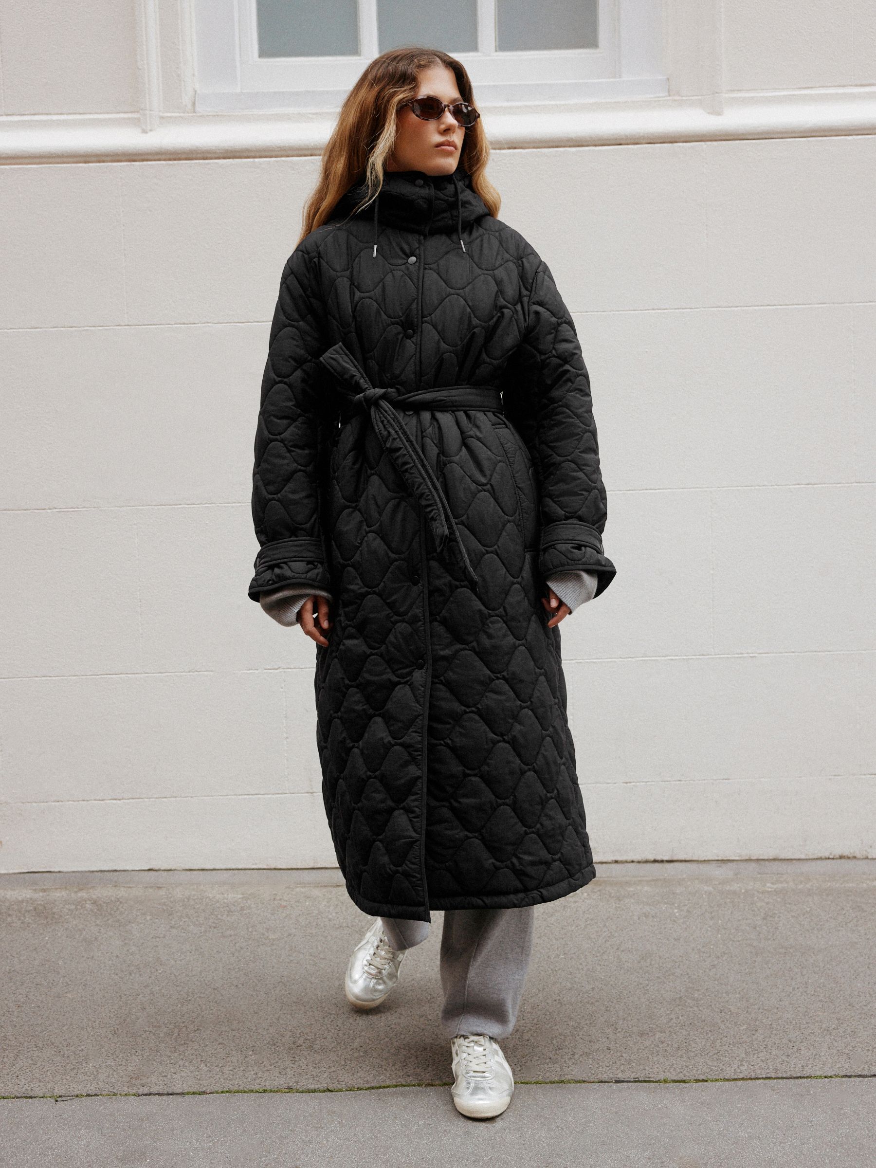 Long Quilted Shower Resistant Jacket - Black - Regular - Location Worn