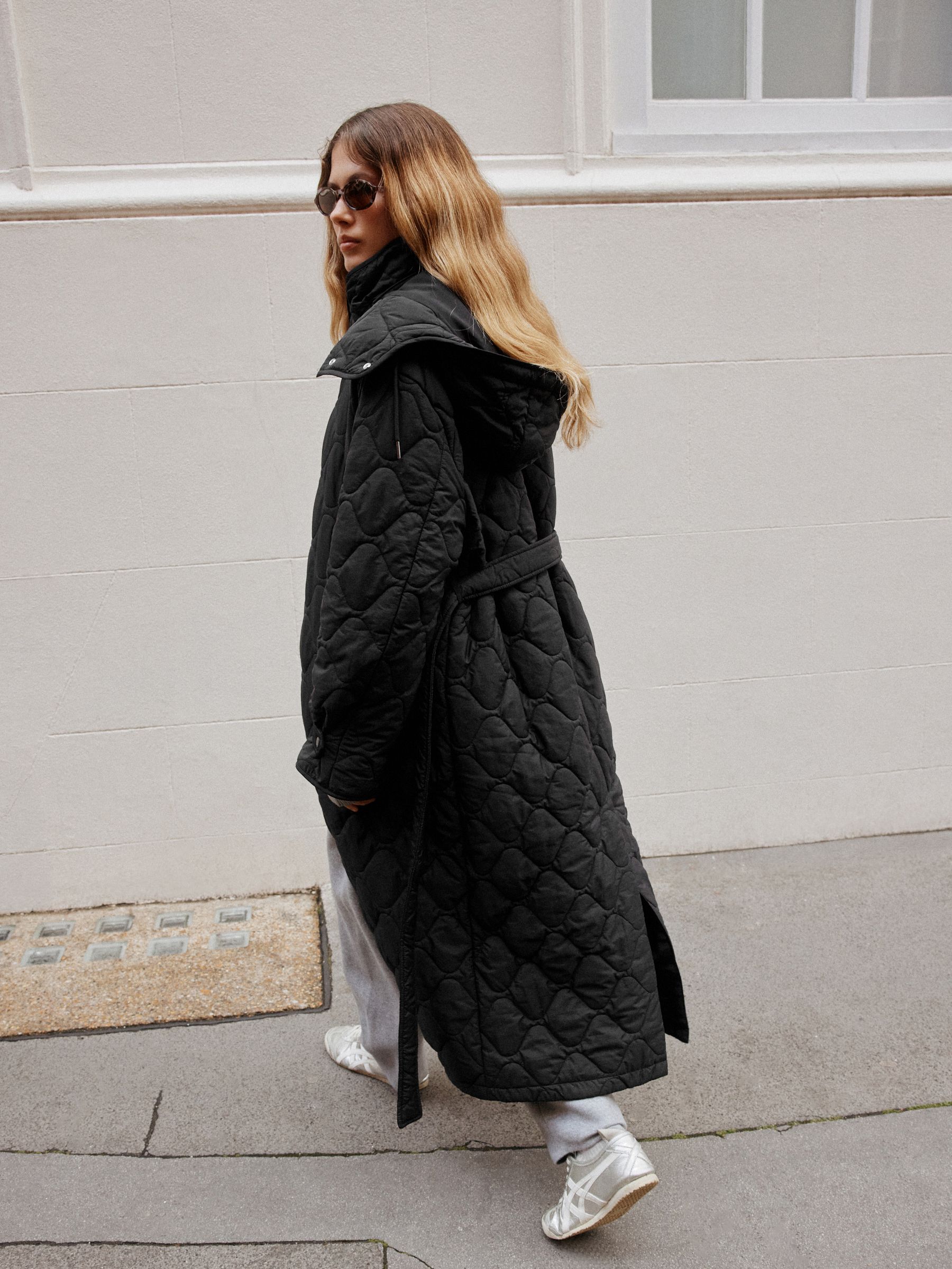 Long Quilted Shower Resistant Jacket - Black - Regular - Location Worn