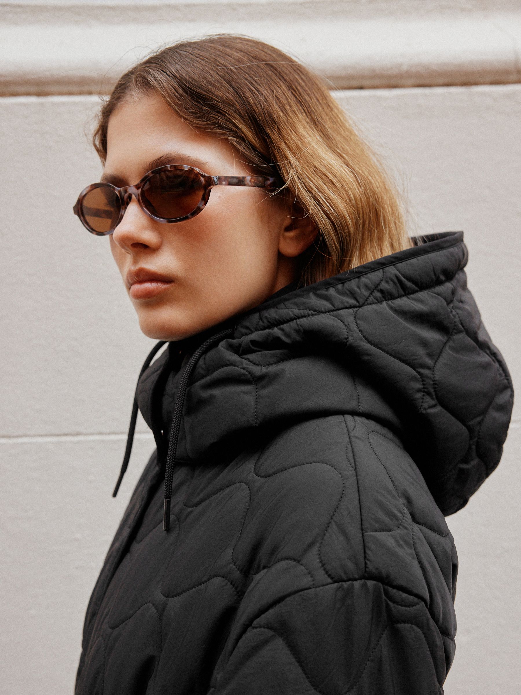 Long Quilted Shower Resistant Jacket - Black - Regular - Location Worn