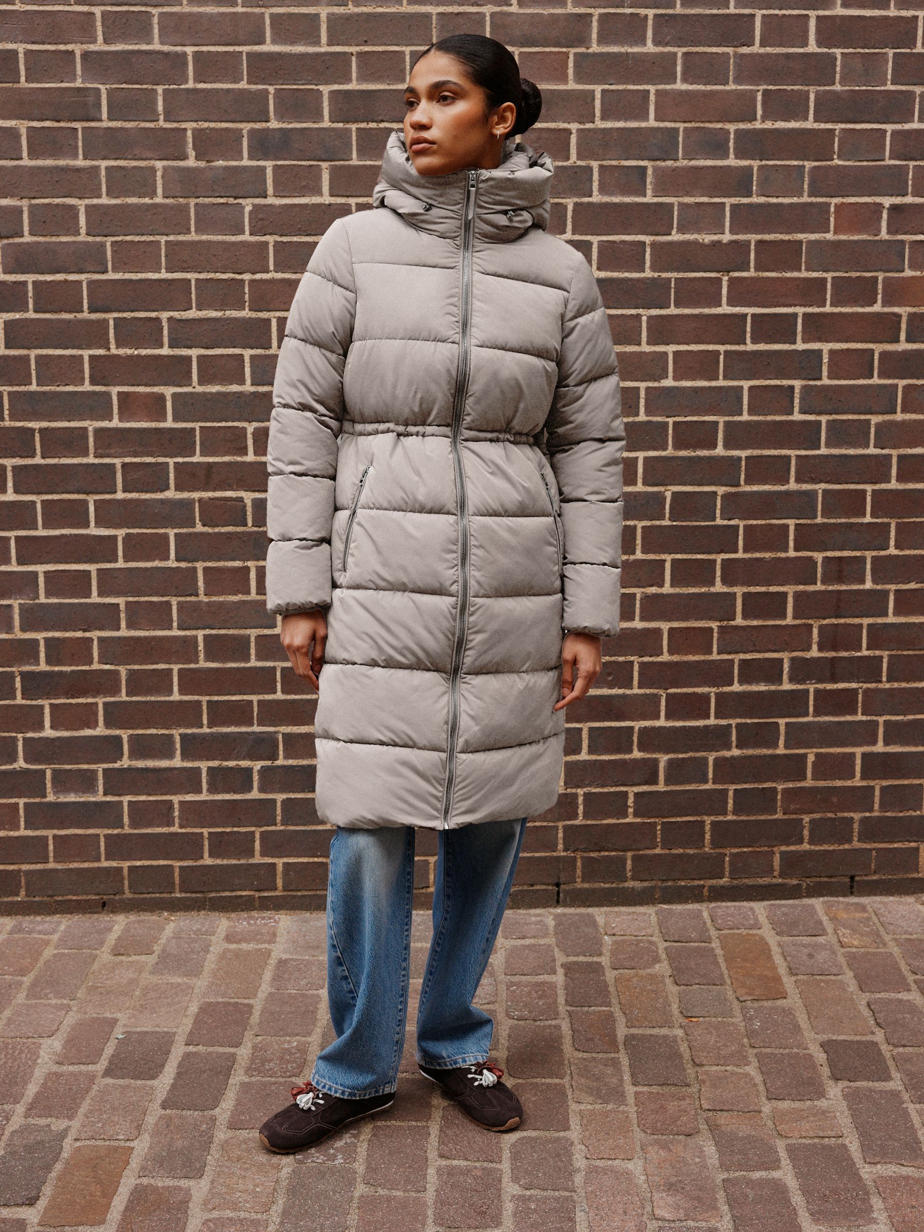 Shower Resistant Hooded Long Padded Puffer Coat - Grey - Regular - Location Worn
