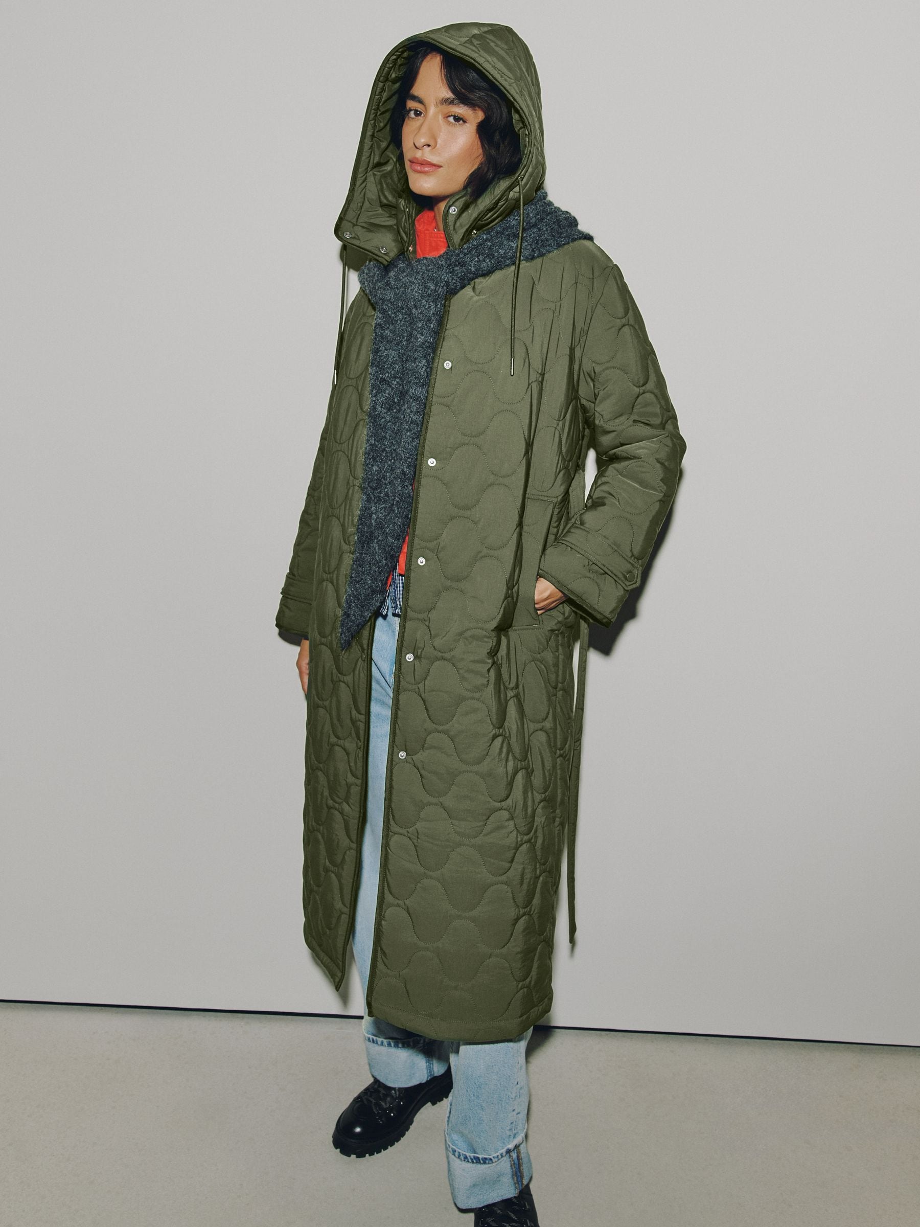 Long Quilted Shower Resistant Jacket - Olive Green - Regular - SIP Worn