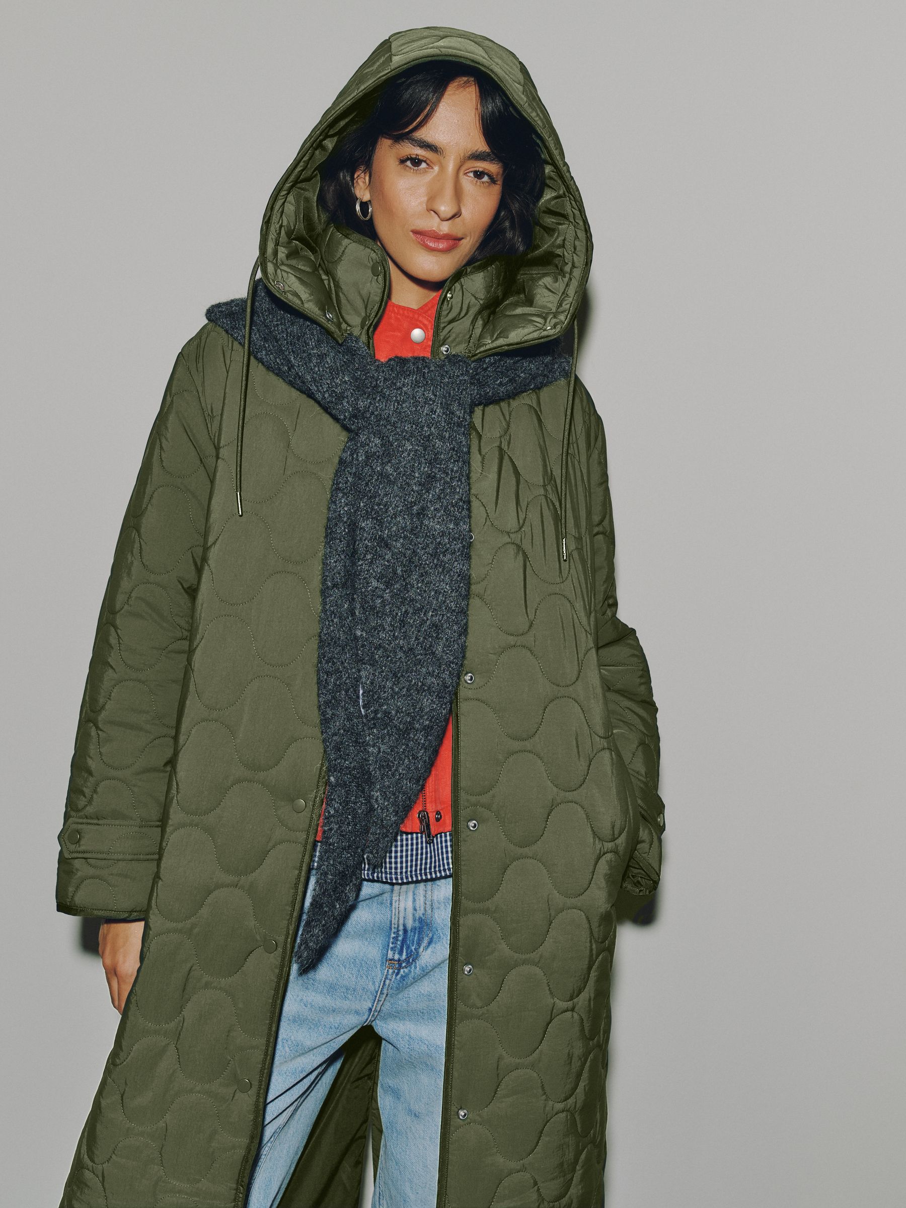 Long Quilted Shower Resistant Jacket - Olive Green - Regular - SIP Worn