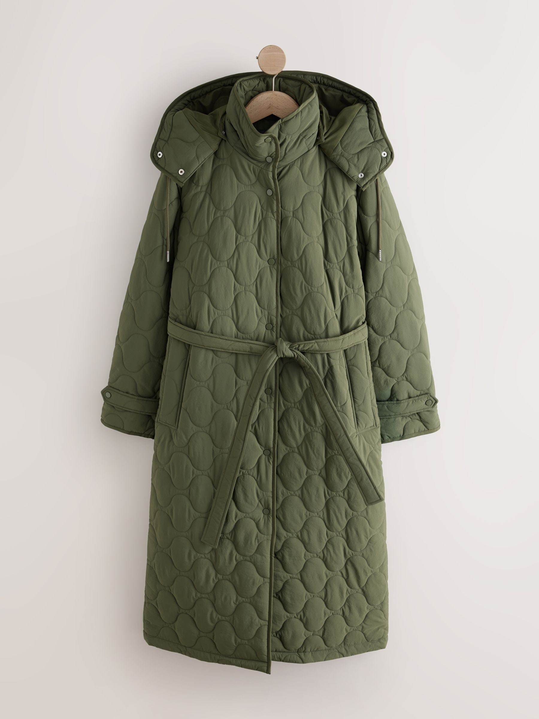 Long Quilted Shower Resistant Jacket - Olive Green - Regular - SIP Still Life