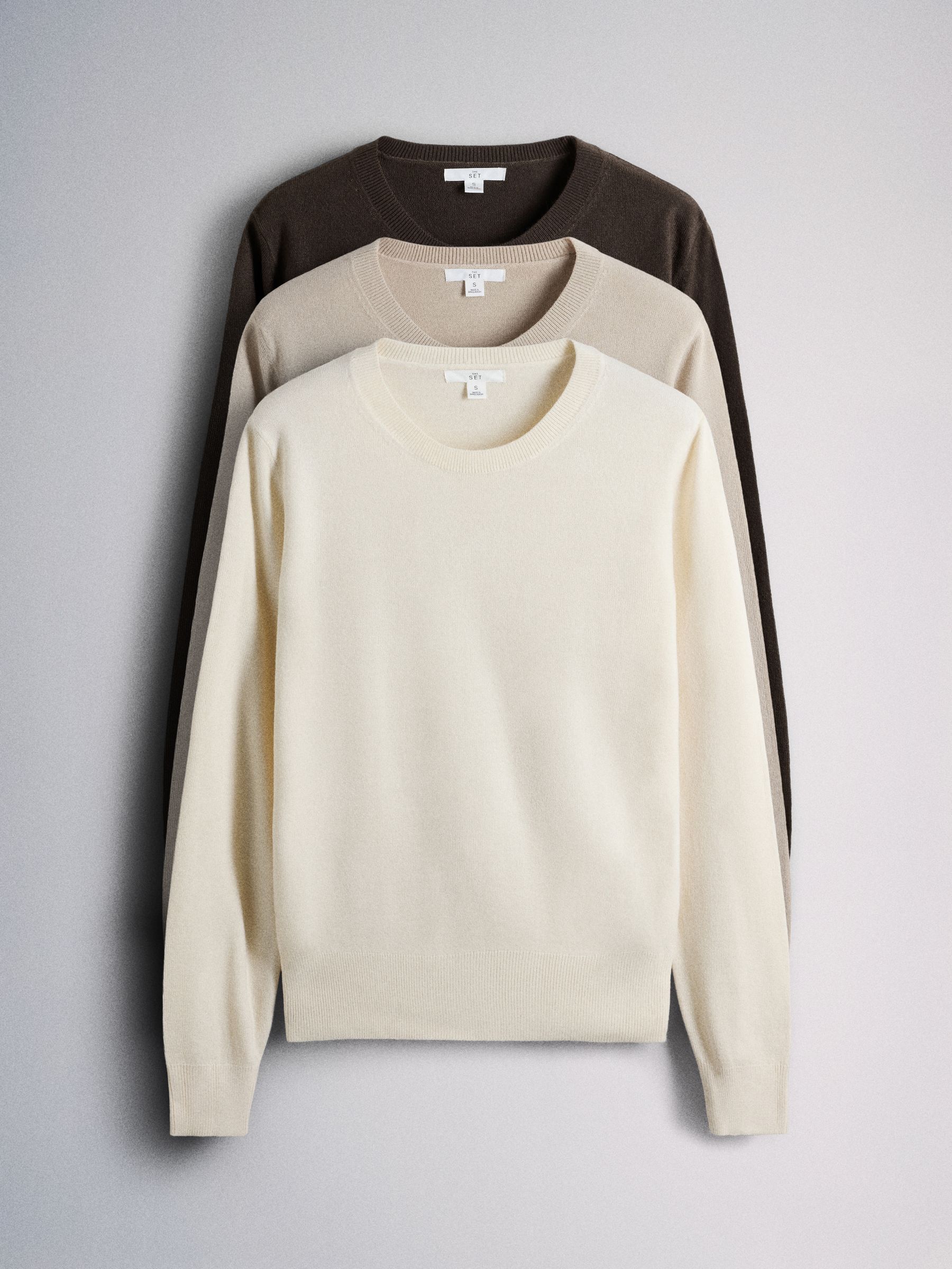 The Set 3 Pack Soft Knit Crew Neck Long Sleeve Jumpers - Cream/Light Brown/Chocolate Brown - Regular - SIP Still Life