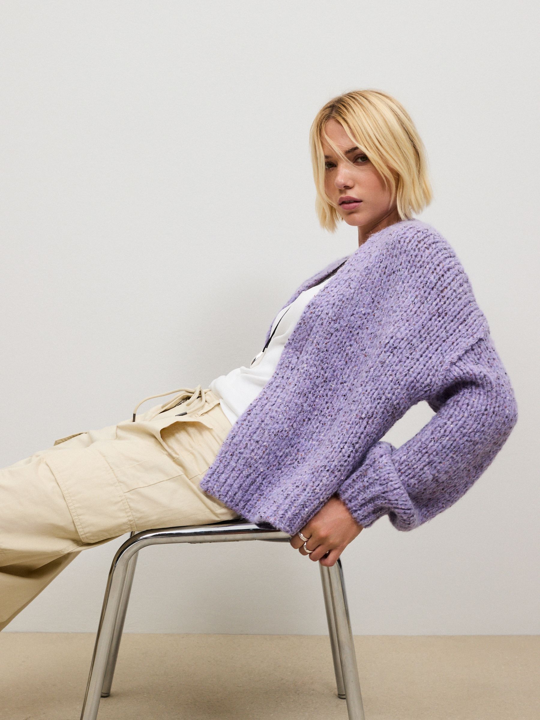 Soft Touch Chunky Knit Open Cardigan - Purple Neppy - Regular - Location Worn