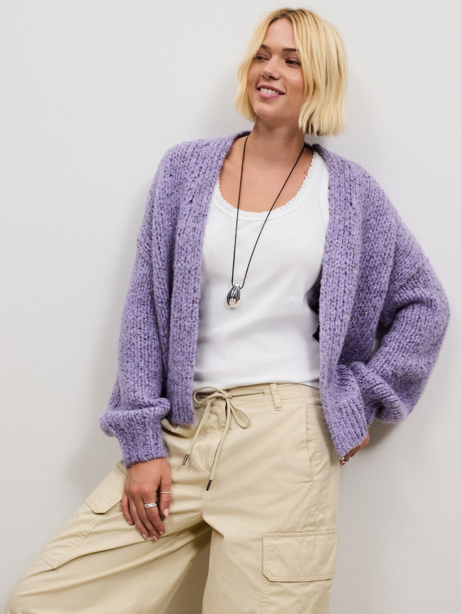 Soft Touch Chunky Knit Open Cardigan - Purple Neppy - Regular - Location Worn
