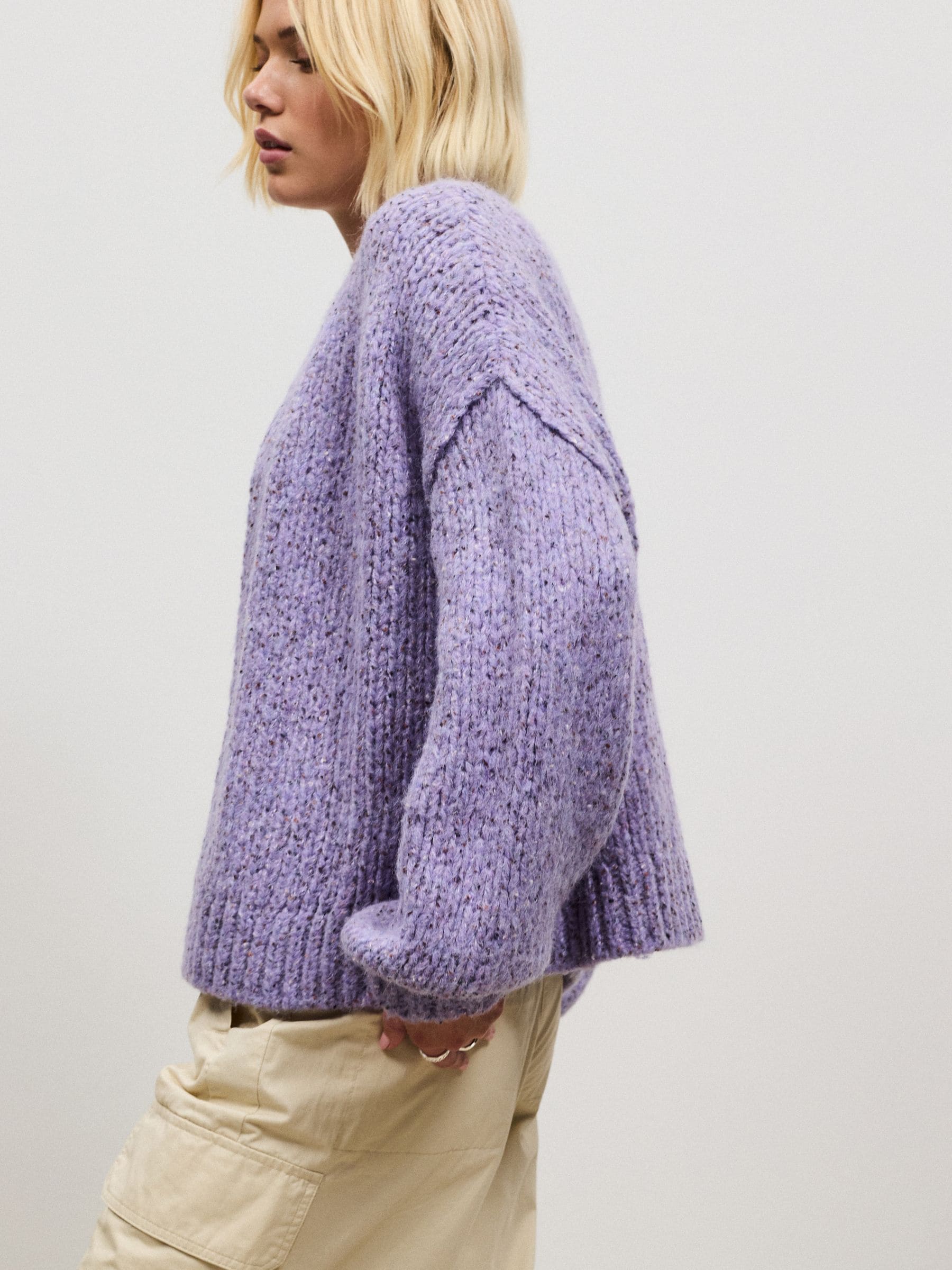 Soft Touch Chunky Knit Open Cardigan - Purple Neppy - Regular - Location Worn