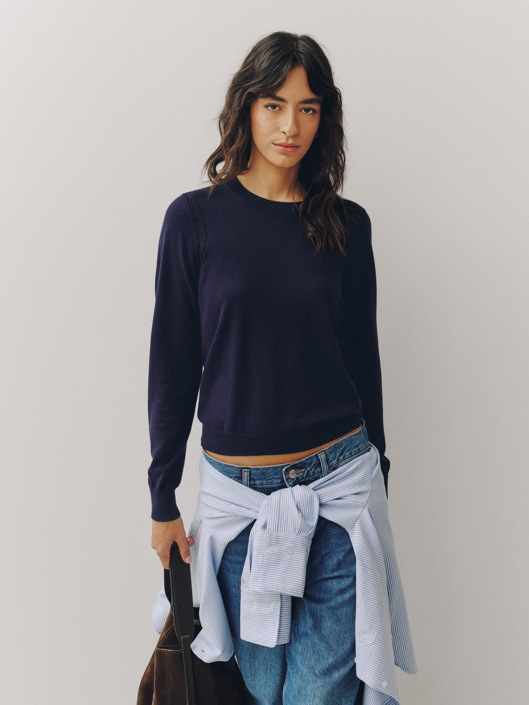 Cotton Rich Soft Touch Long Sleeve Crew Neck Jumper - Navy Blue - Regular - SIP Worn