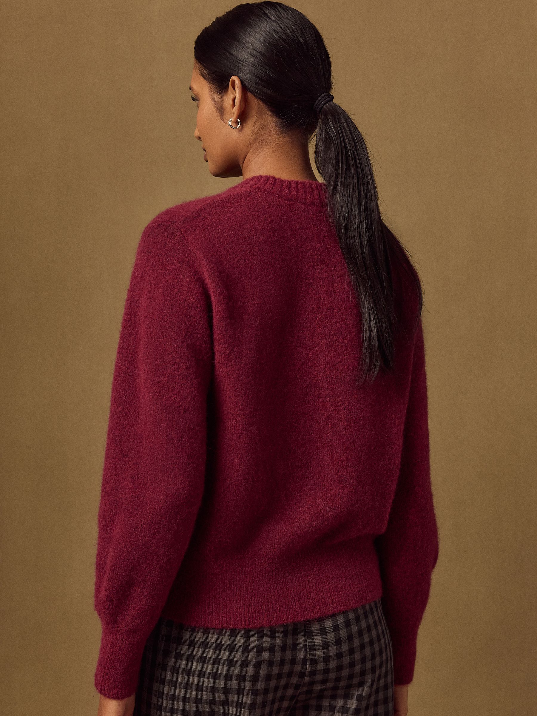 Long Sleeve Crew Neck Knitted Jumper With Wool - Burgundy Red - Regular - Location Worn