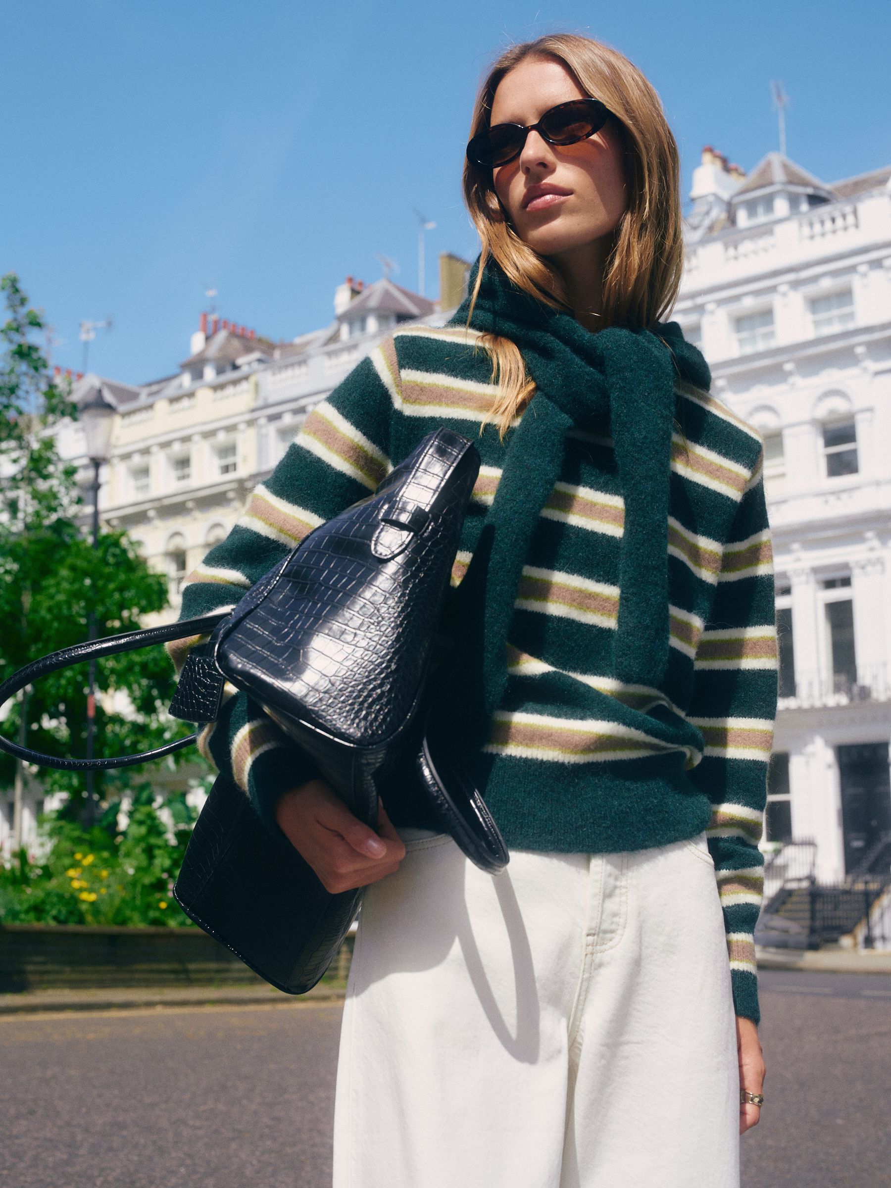 Long Sleeve Crew Neck Knitted Jumper With Wool - Green/Camel Stripe - Regular - Location Worn