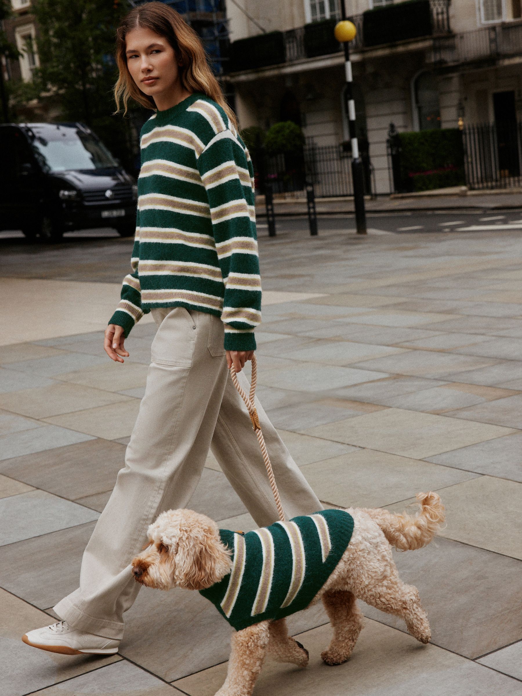 Long Sleeve Crew Neck Knitted Jumper With Wool - Green/Camel Stripe - Regular - Location Worn