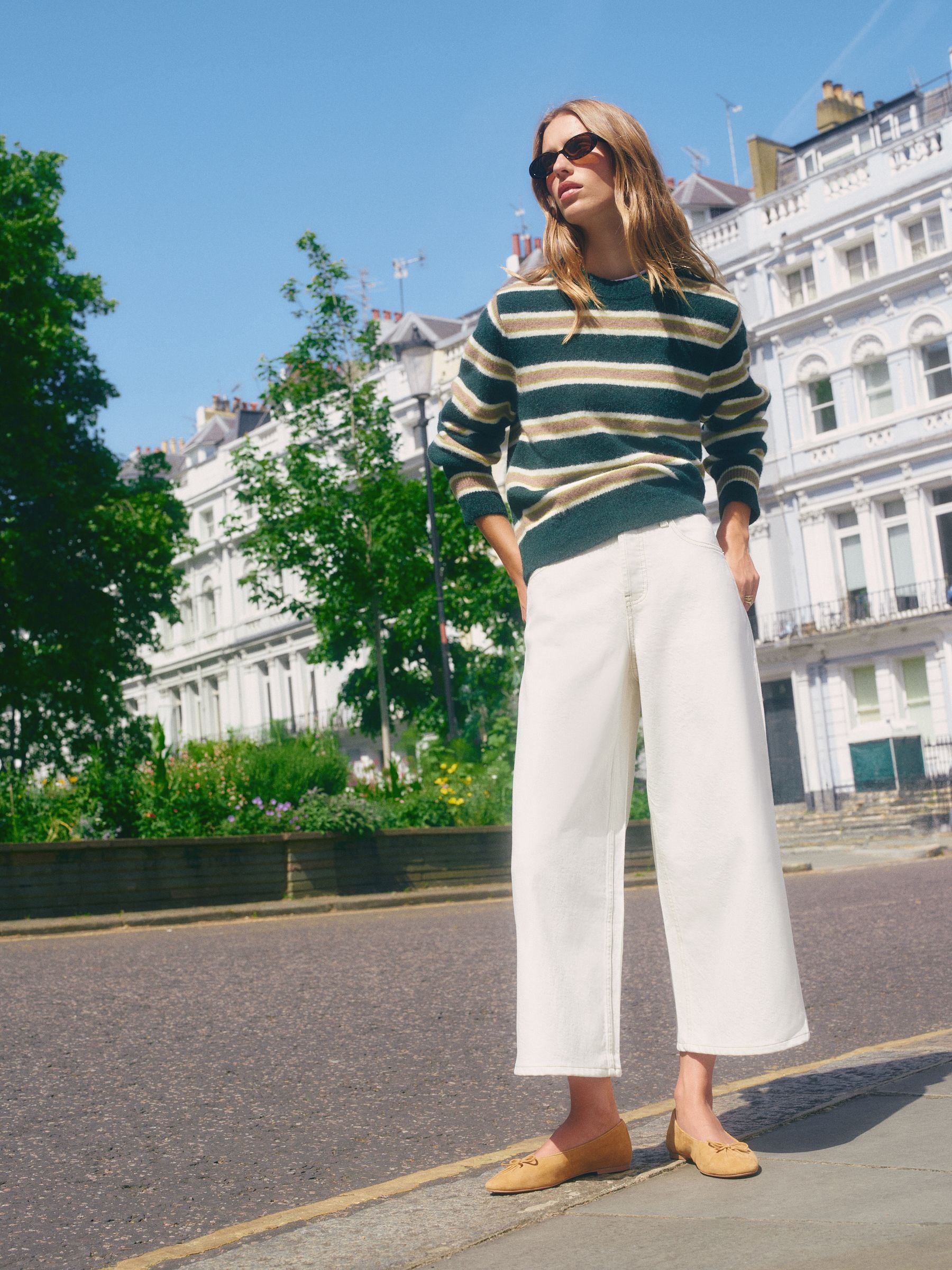Long Sleeve Crew Neck Knitted Jumper With Wool - Green/Camel Stripe - Regular - Location Worn