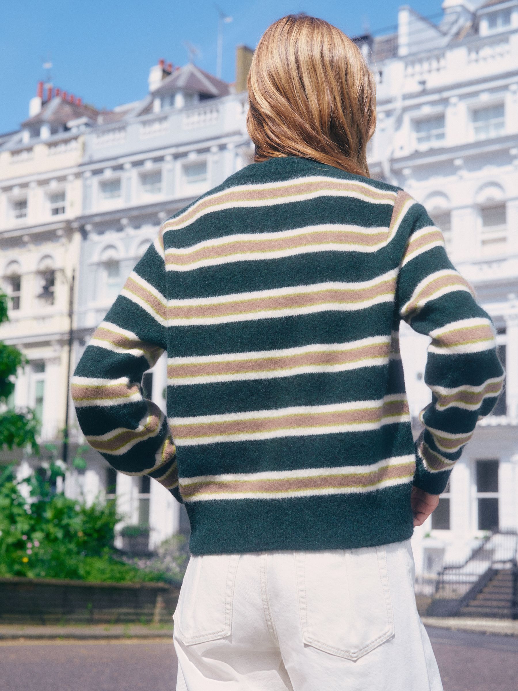 Long Sleeve Crew Neck Knitted Jumper With Wool - Green/Camel Stripe - Regular - Location Worn