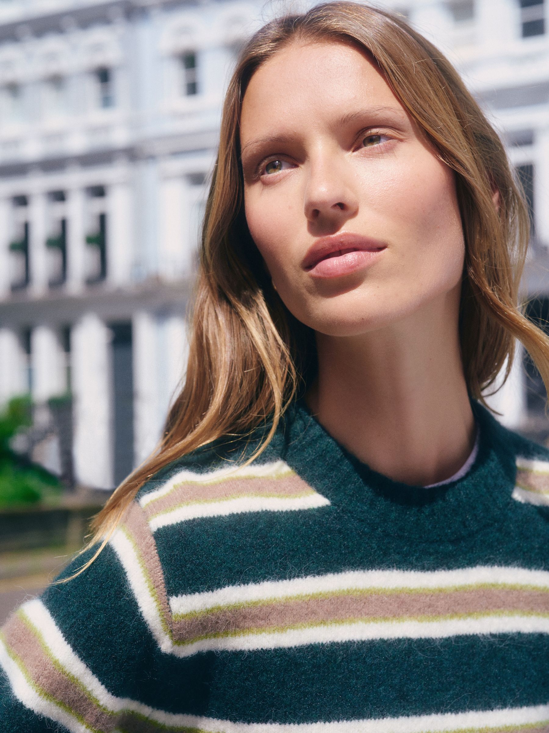 Long Sleeve Crew Neck Knitted Jumper With Wool - Green/Camel Stripe - Regular - Location Worn