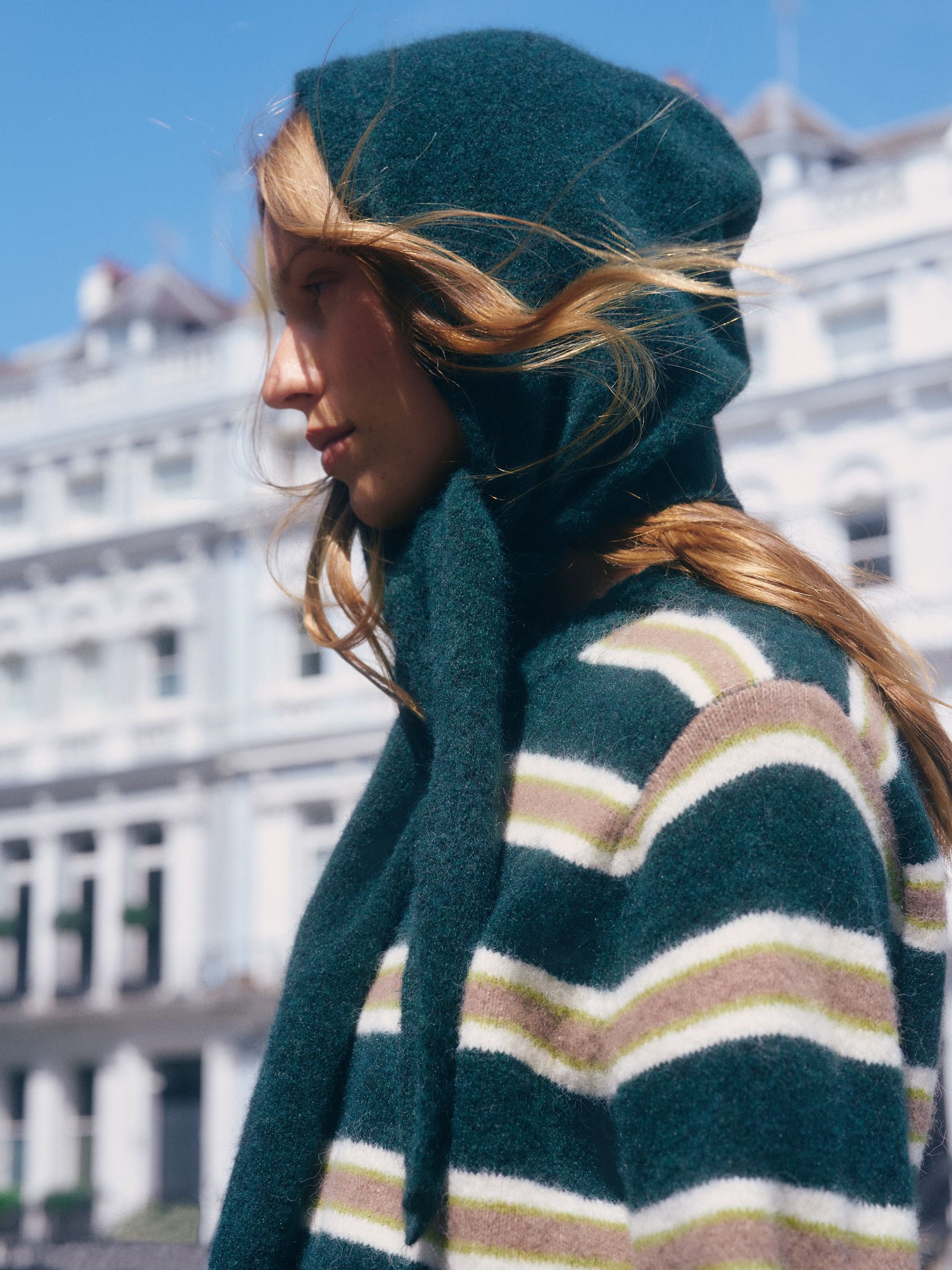 Long Sleeve Crew Neck Knitted Jumper With Wool - Green/Camel Stripe - Regular - Location Worn
