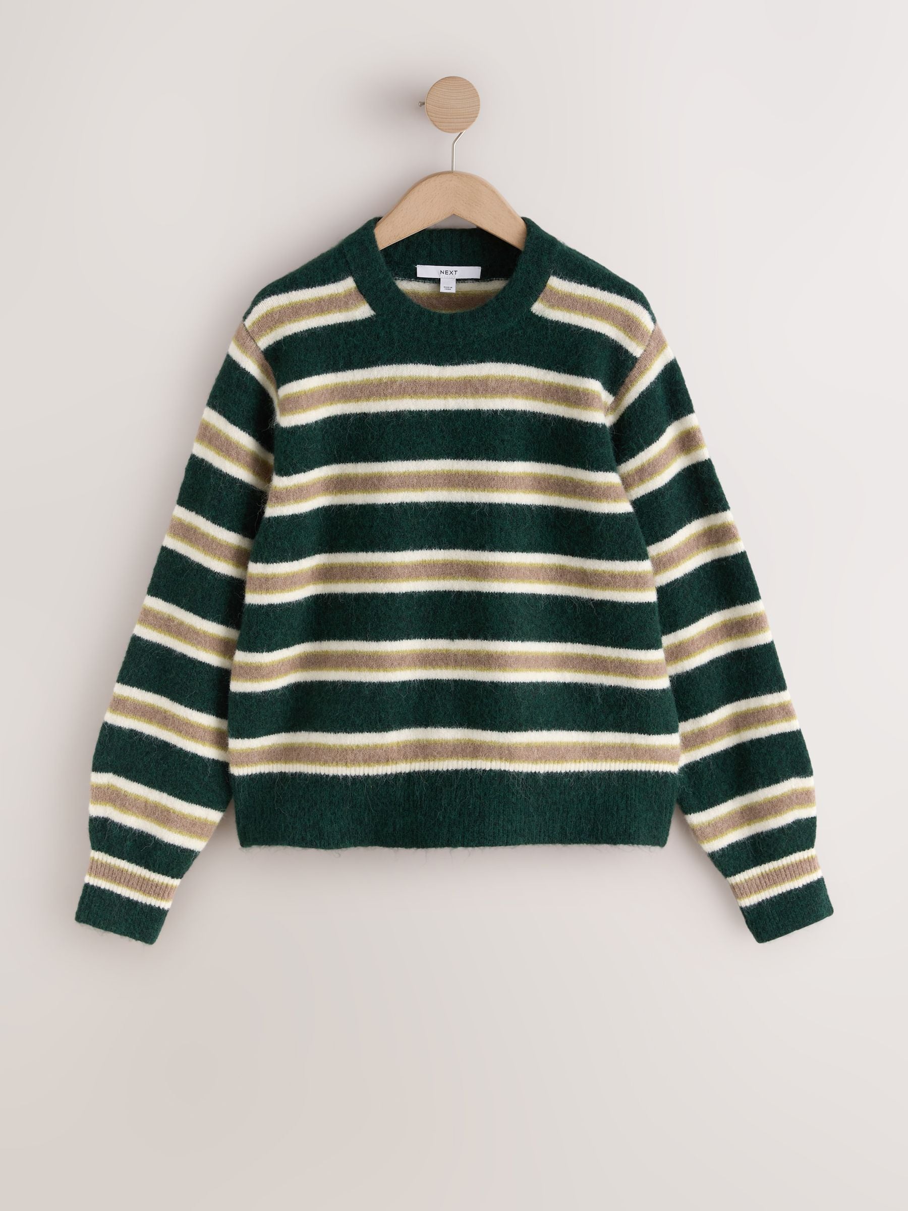 Long Sleeve Crew Neck Knitted Jumper With Wool - Green/Camel Stripe - Regular - SIP Still Life