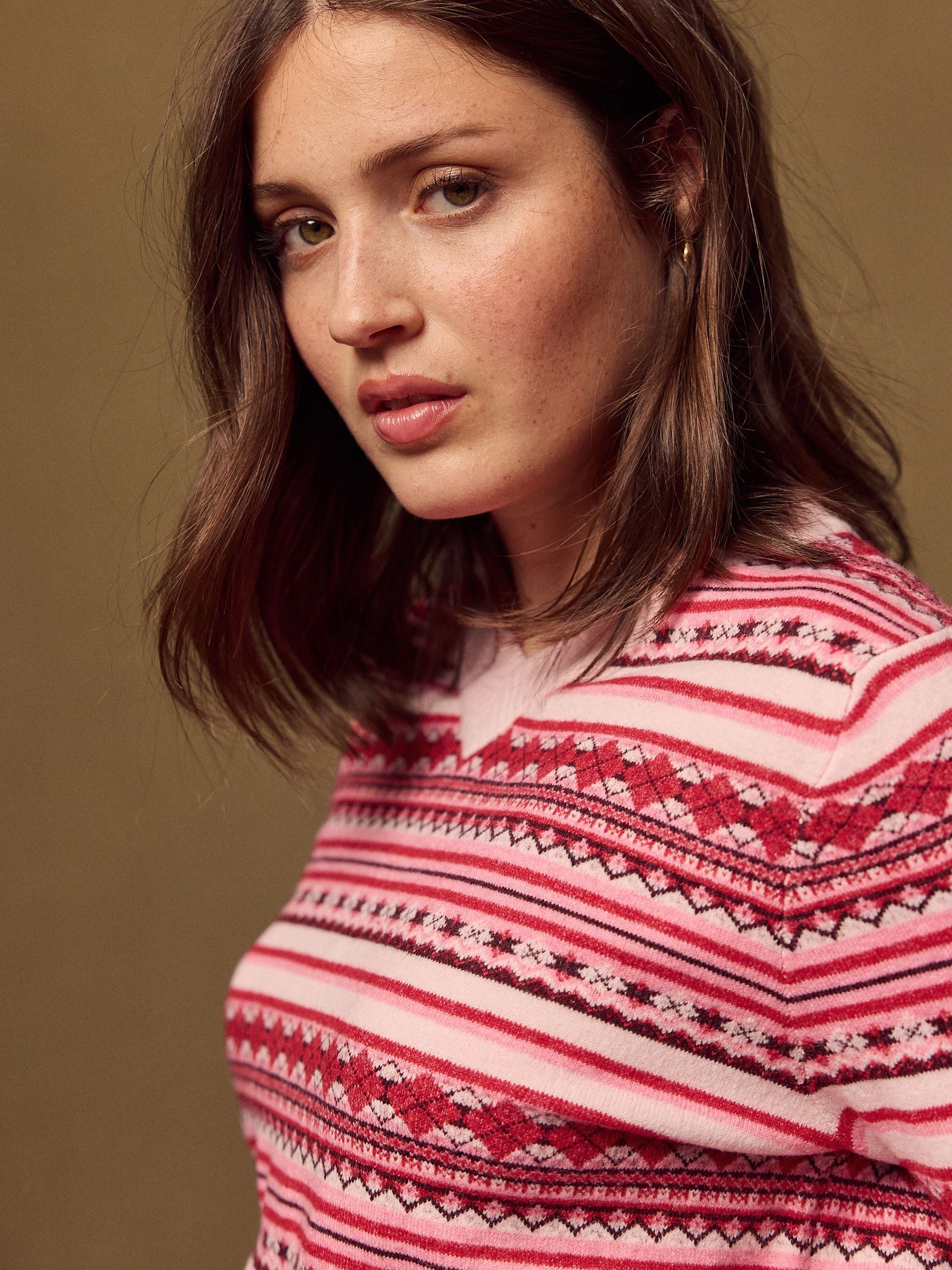 Supersoft V-Neck Long Sleeve Jumper - Pink Fairisle - Regular - Location Worn