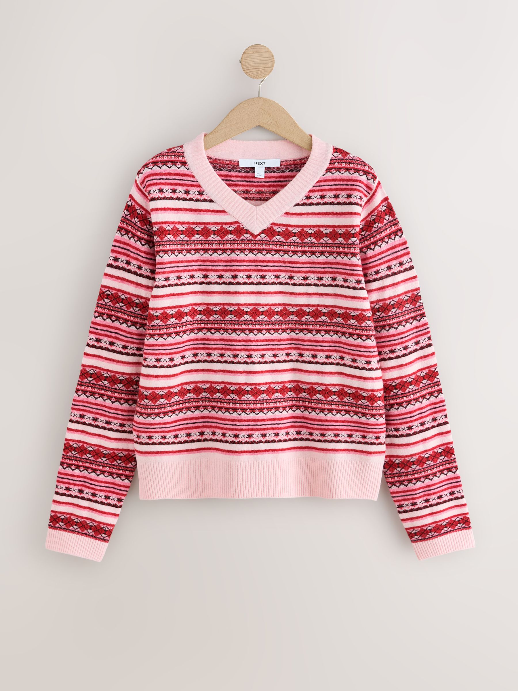 Supersoft V-Neck Long Sleeve Jumper - Pink Fairisle - Regular - SIP Still Life