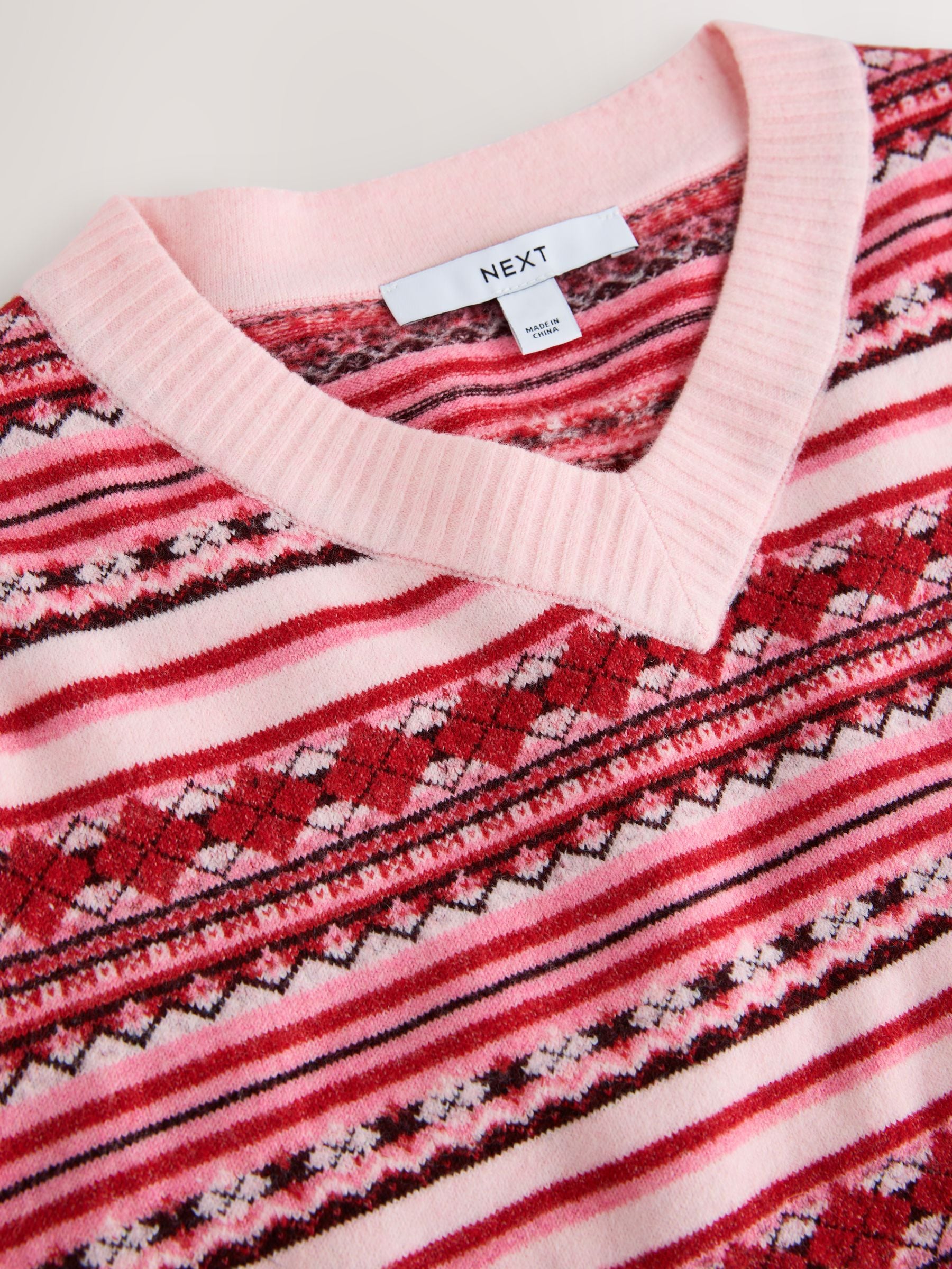 Supersoft V-Neck Long Sleeve Jumper - Pink Fairisle - Regular - SIP Still Life