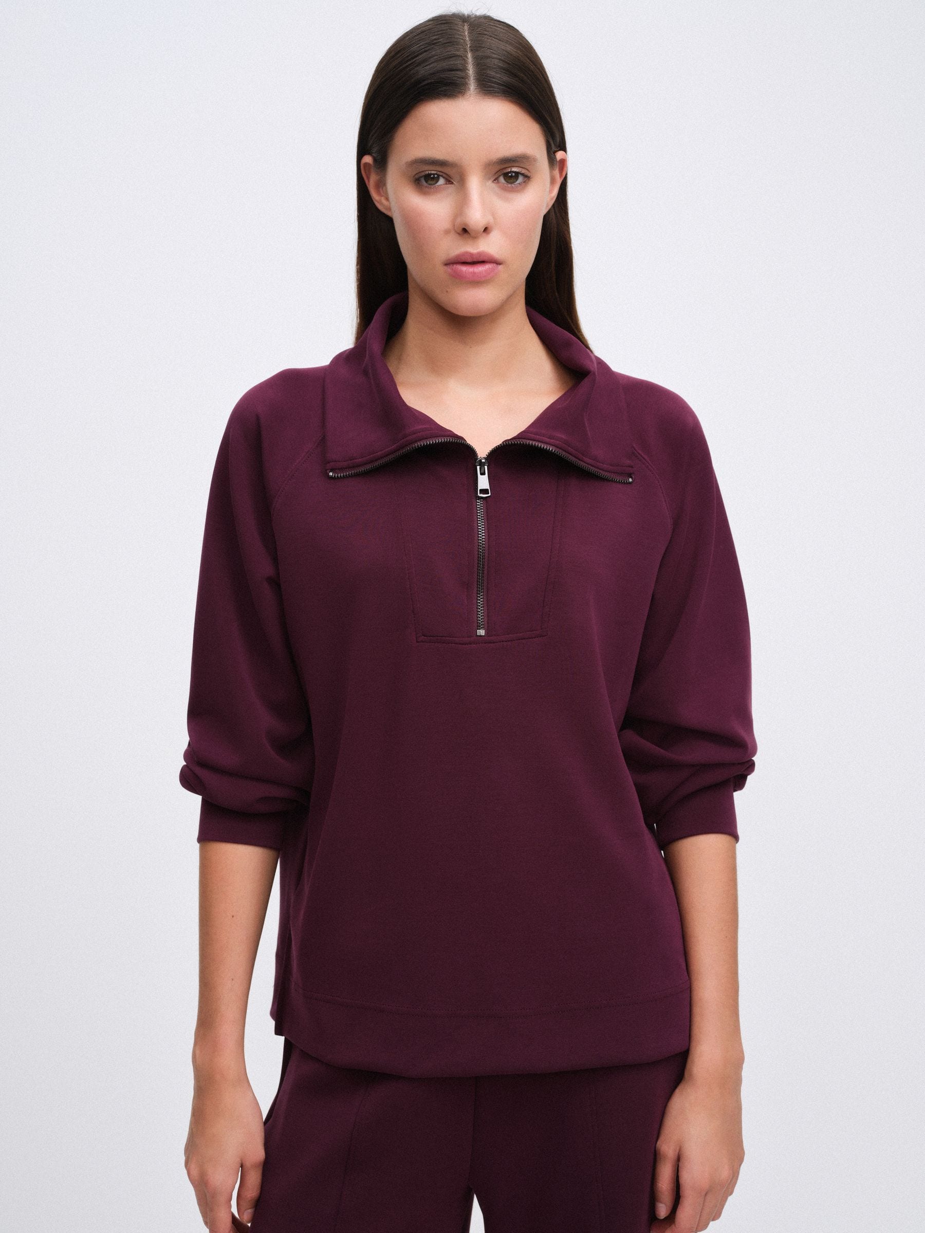The Set Modal blend Half Zip Coord Loungewear Set - Burgundy Red - Regular - SIP Worn